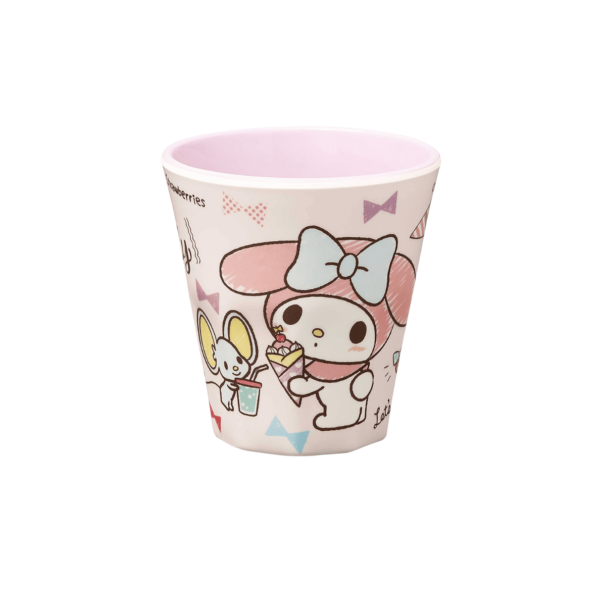 Front view of the My Melody melamine cup showing vibrant snack illustrations