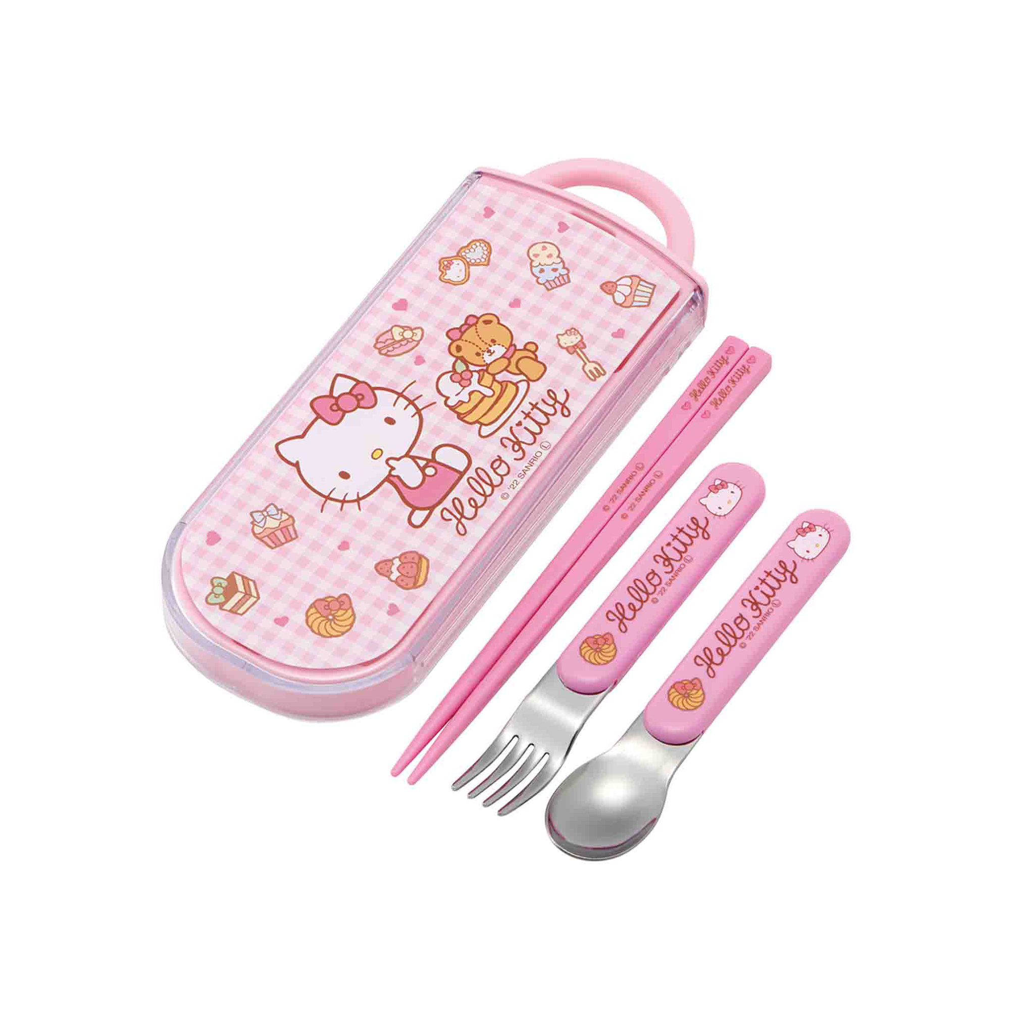 Close-up of Hello Kitty kids utensil set with reusable plastic spoons and forks