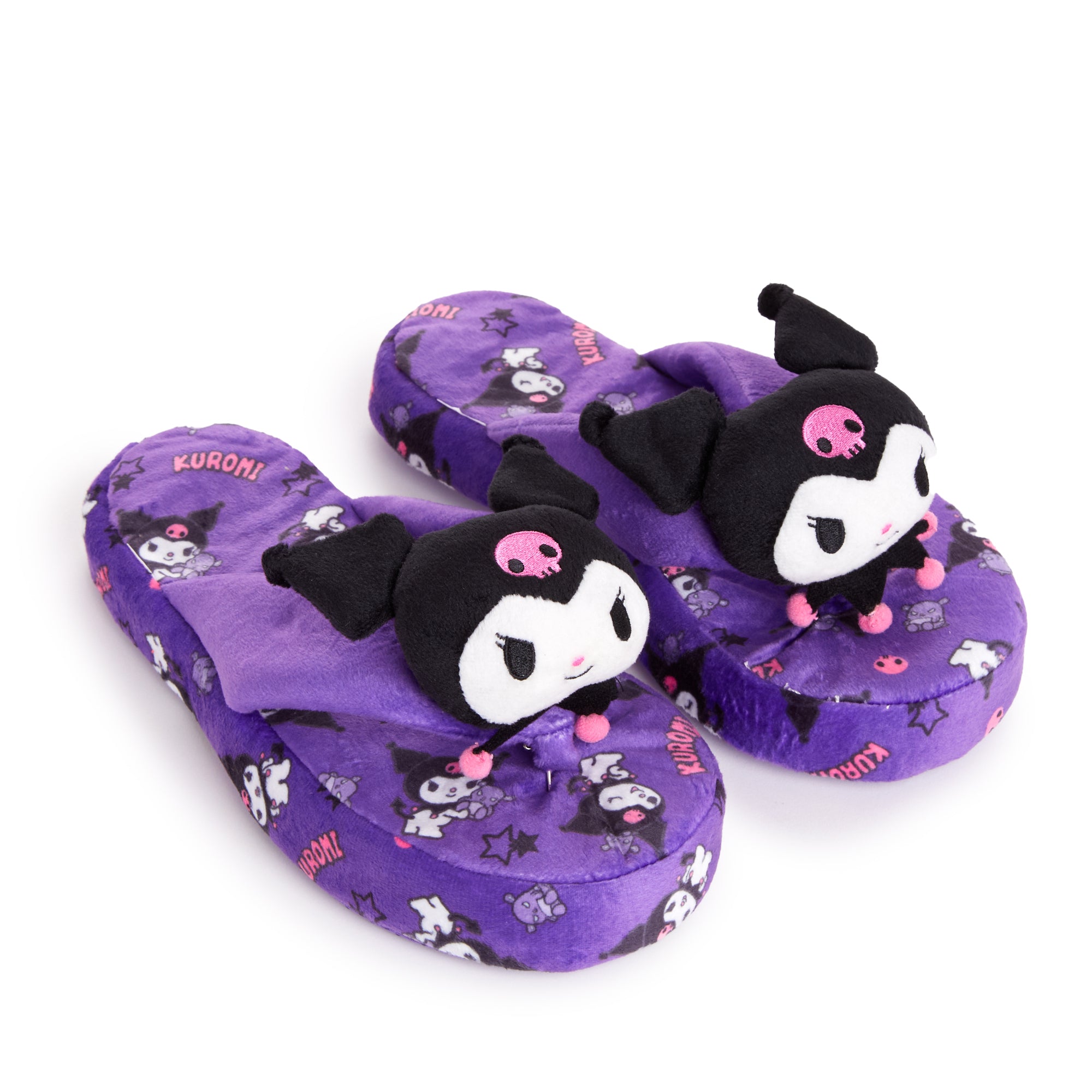 Kuromi adult slippers folded on a wooden bench