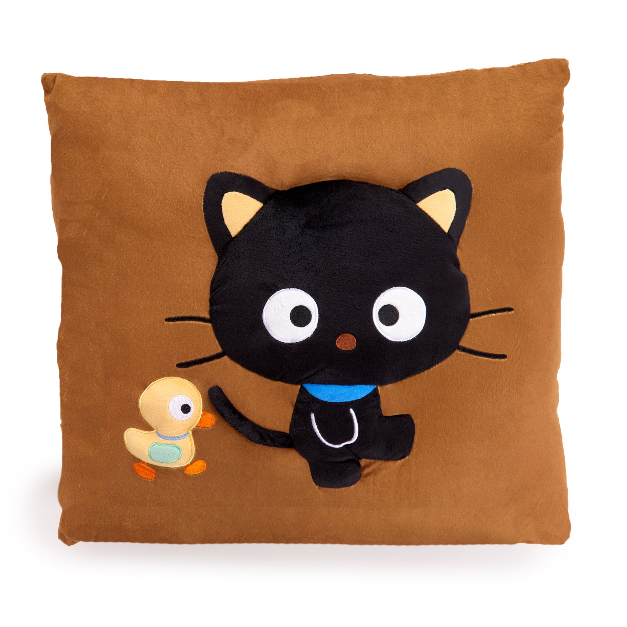 Front view of Chococat plush throw pillow on a plush pillow top mattress
