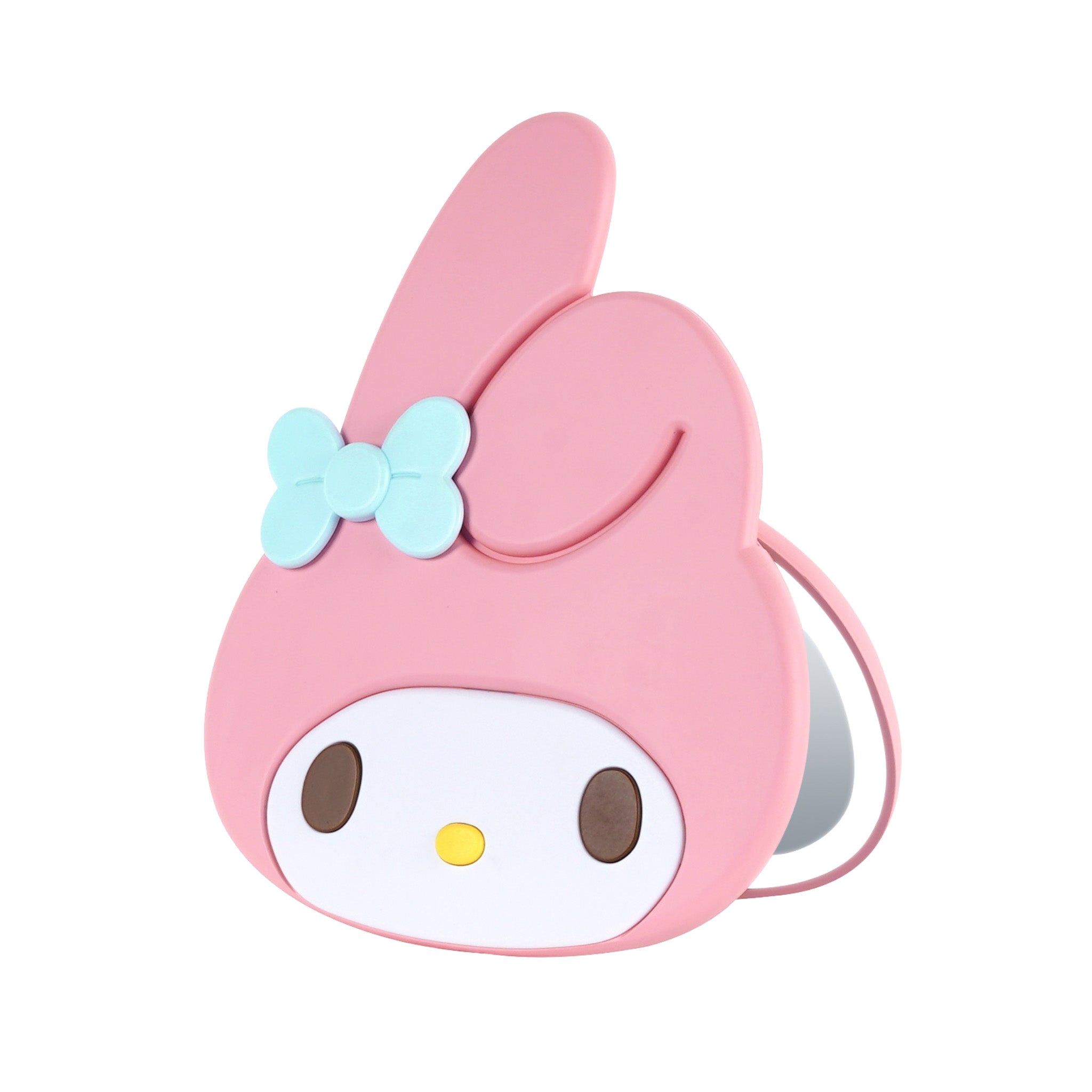 My Melody LED compact mirror with soft velvet finish and bow detail on vanity table