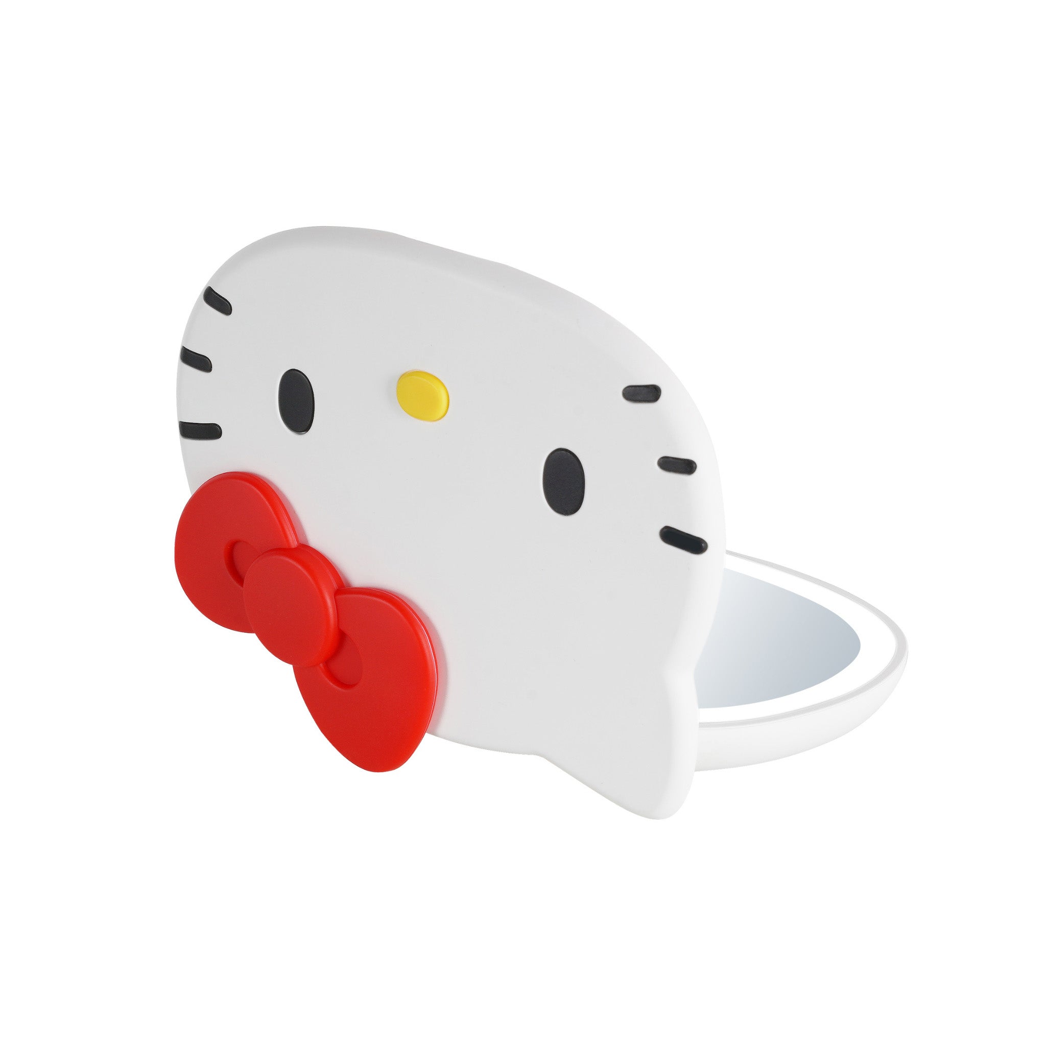Close-up of the Hello Kitty figure with red bow and yellow nose on the mirror