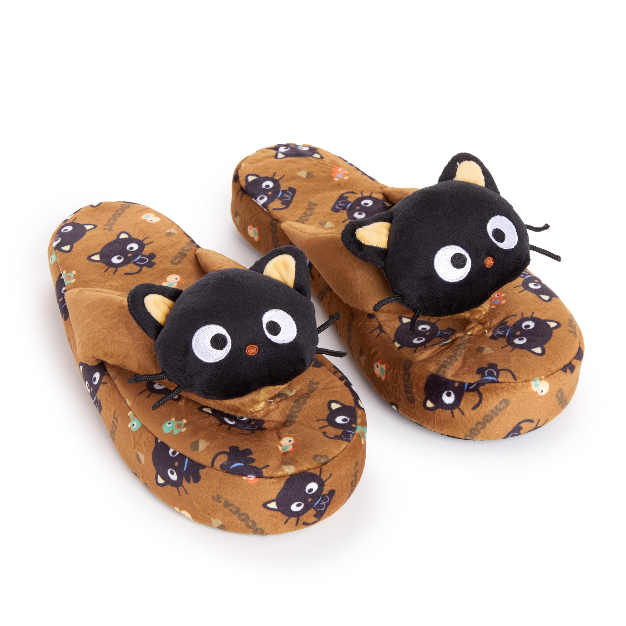 Chococat adult plush slippers from above, showing embroidered face details Chococat adult plush slippers from above, showing embroidered face details