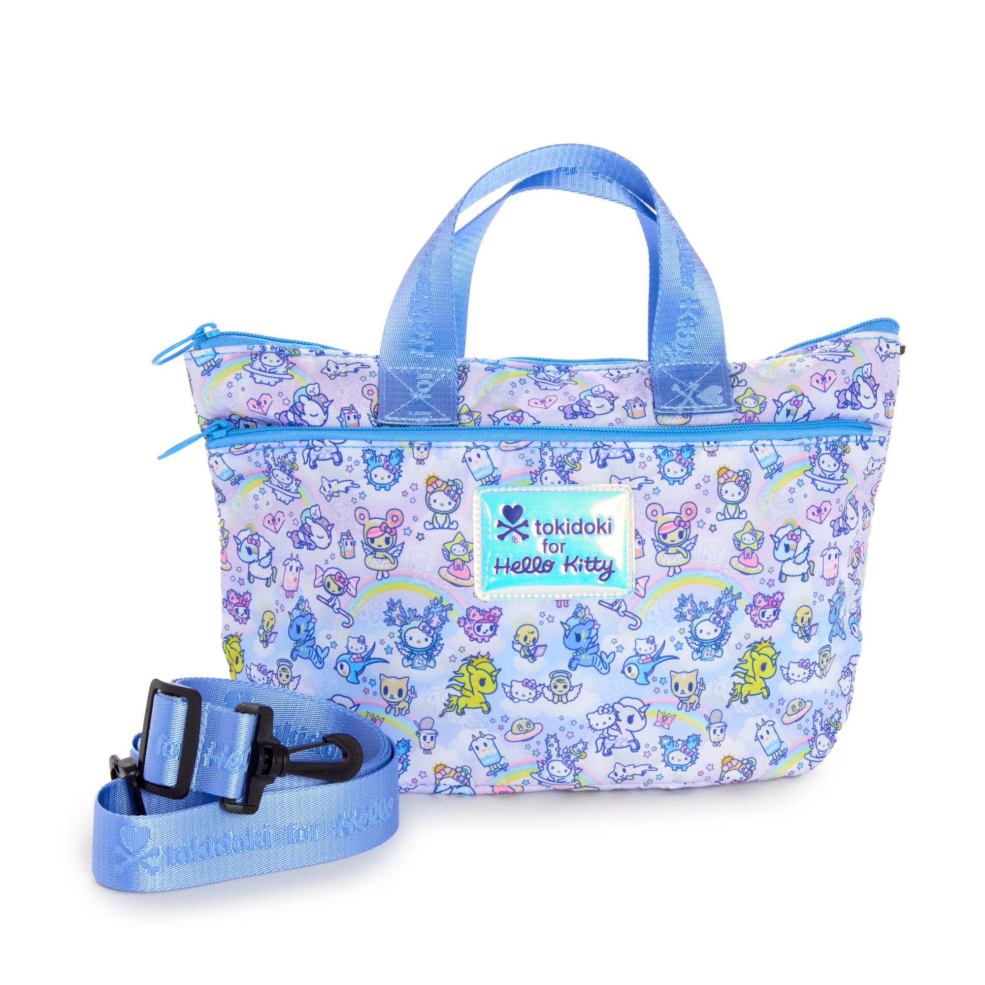 Front view of Hello Kitty Celestial Adventure Tote Bag showcasing the colorful design.