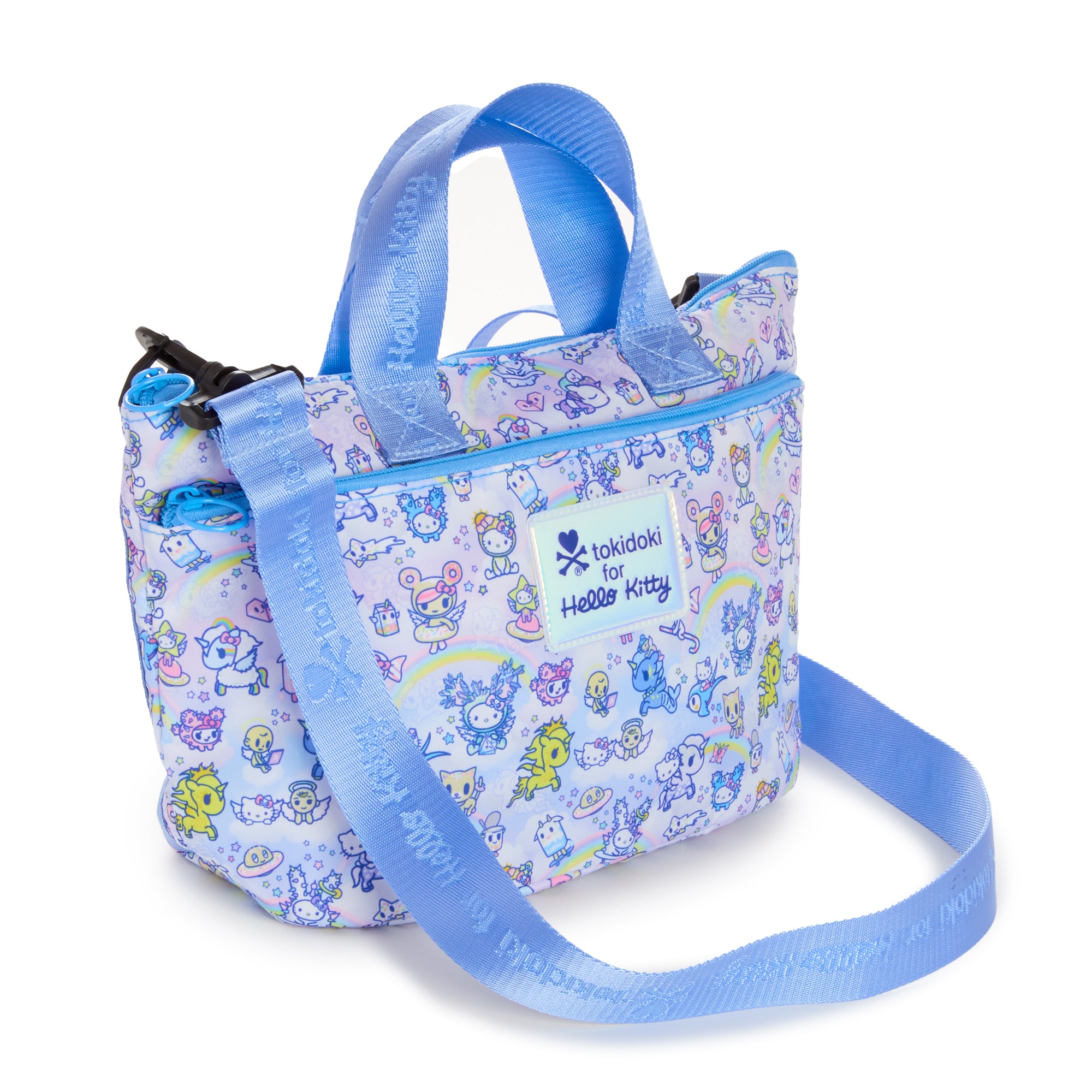 Inside view of the Hello Kitty tote bag with organized pockets for cosmetics and essentials.