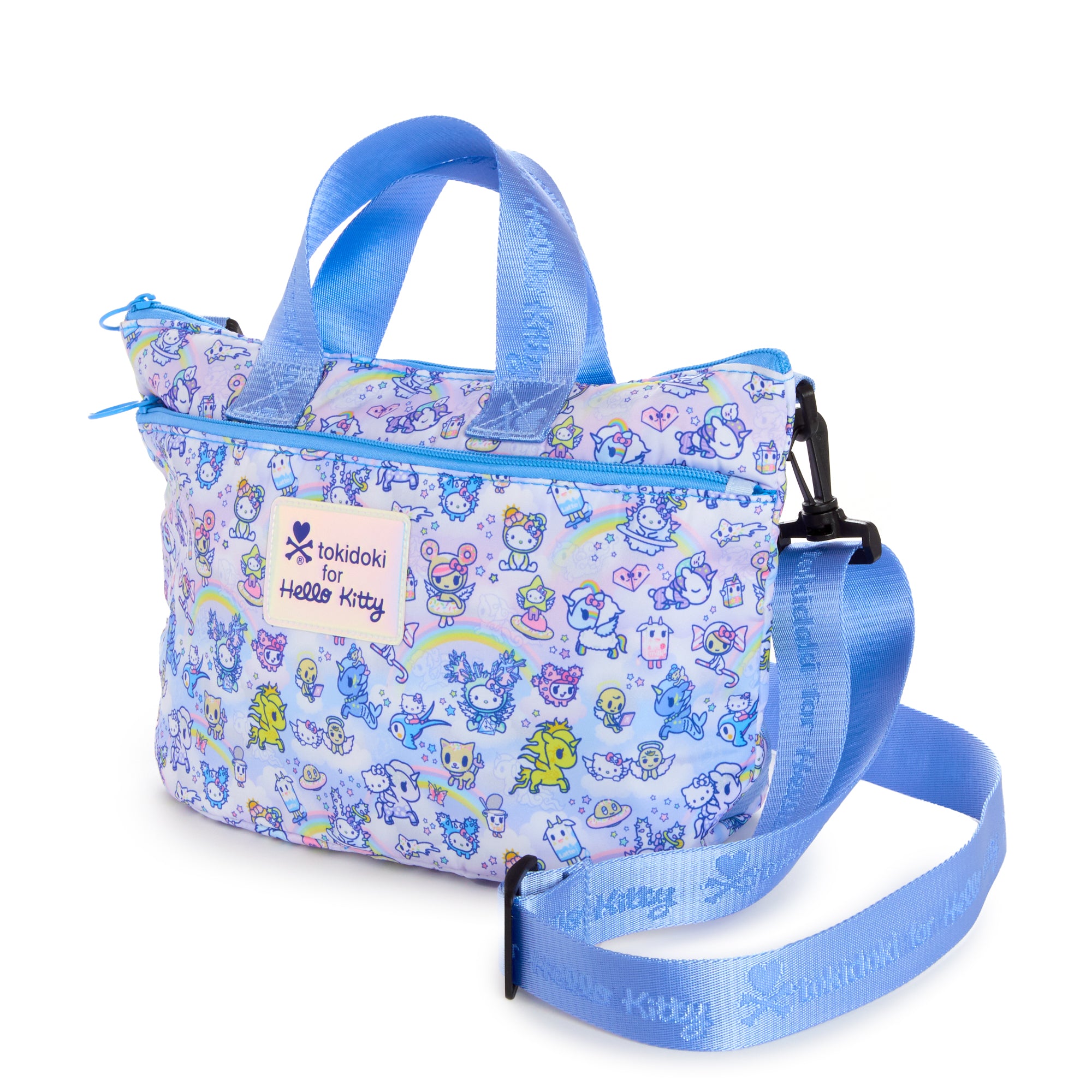 Side view of the Hello Kitty duffle bag, highlighting its lightweight fabric and top handle.