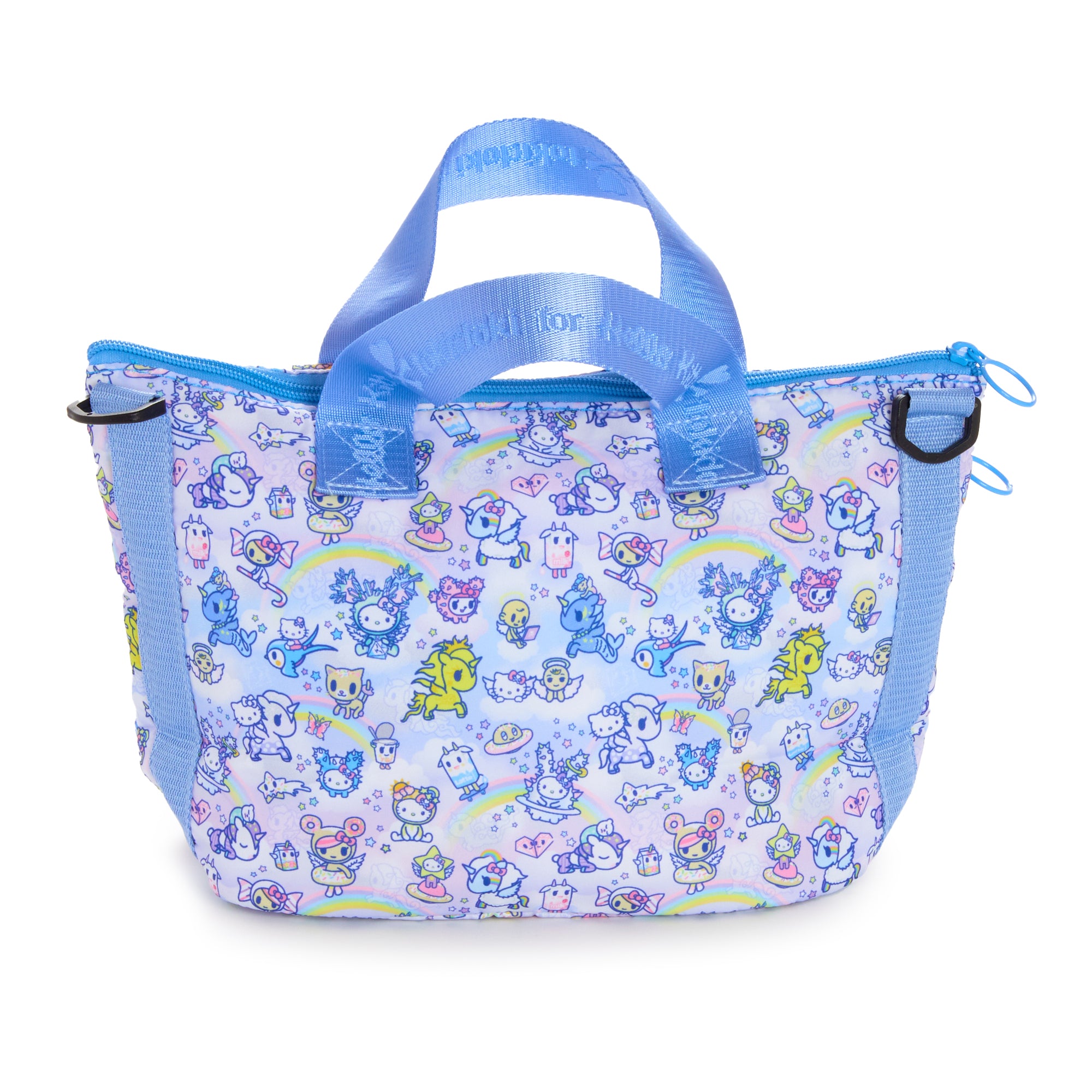 Front view of Hello Kitty Celestial Adventure Tote Bag showcasing the colorful design.