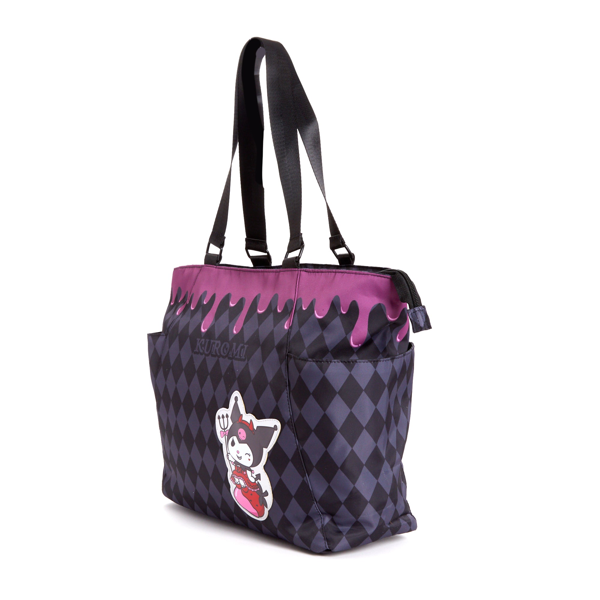 Side view of the cute tote bag highlighting the harlequin pattern and external pockets.