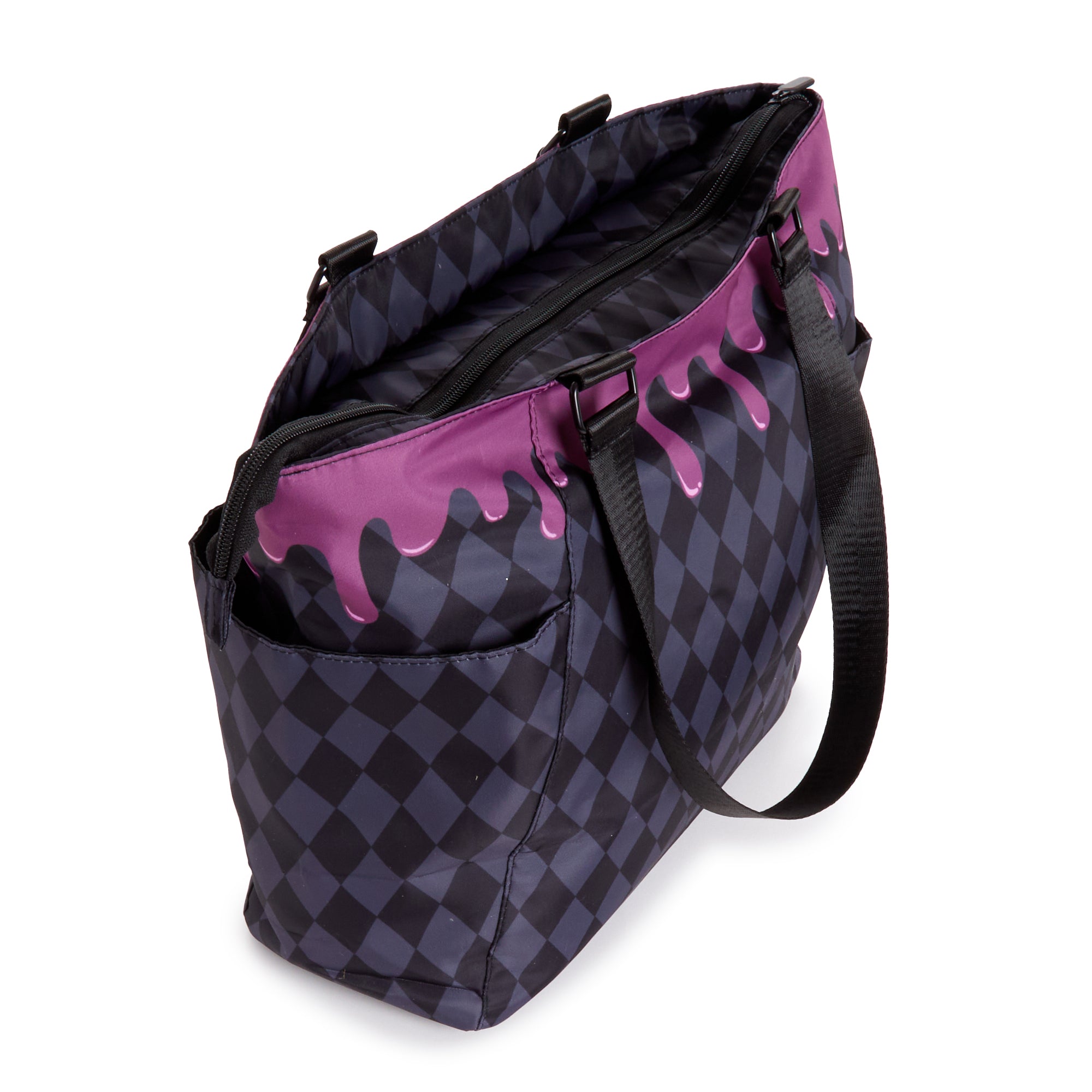Front view of the Strawberry Delight Kuromi tote bag showcasing the playful strawberry design.
