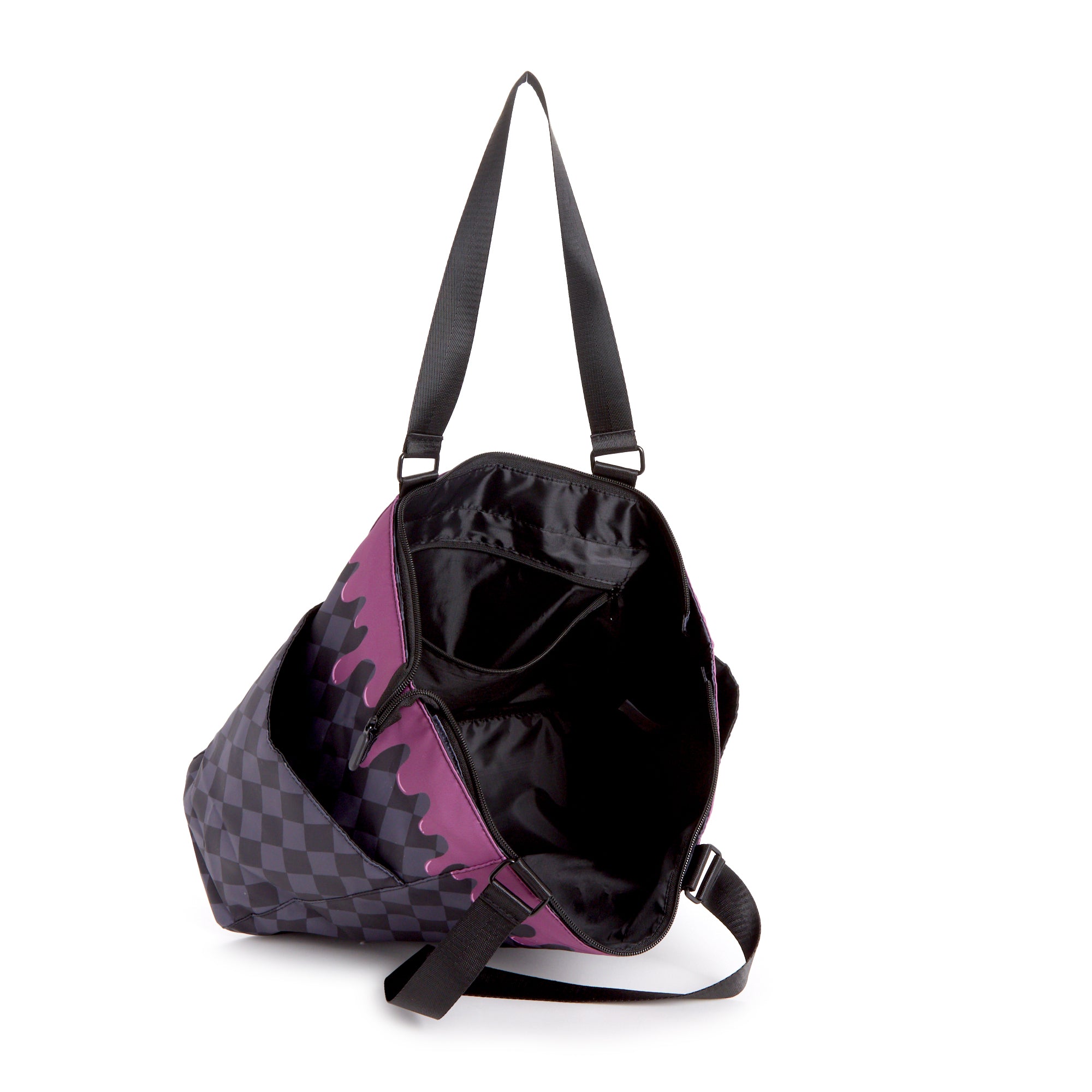 Side view of the cute tote bag highlighting the harlequin pattern and external pockets.