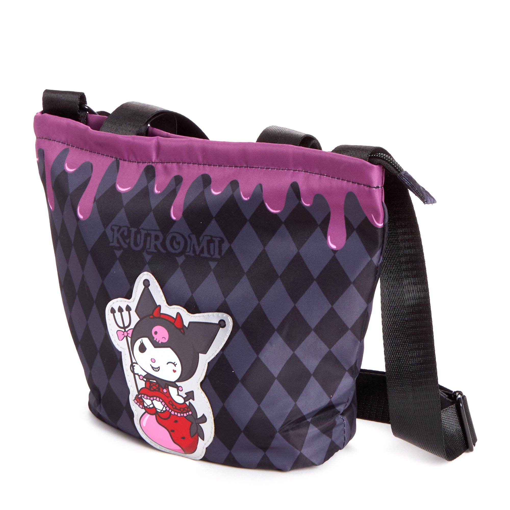 Close-up of adjustable strap and zippered pocket on Kuromi bag