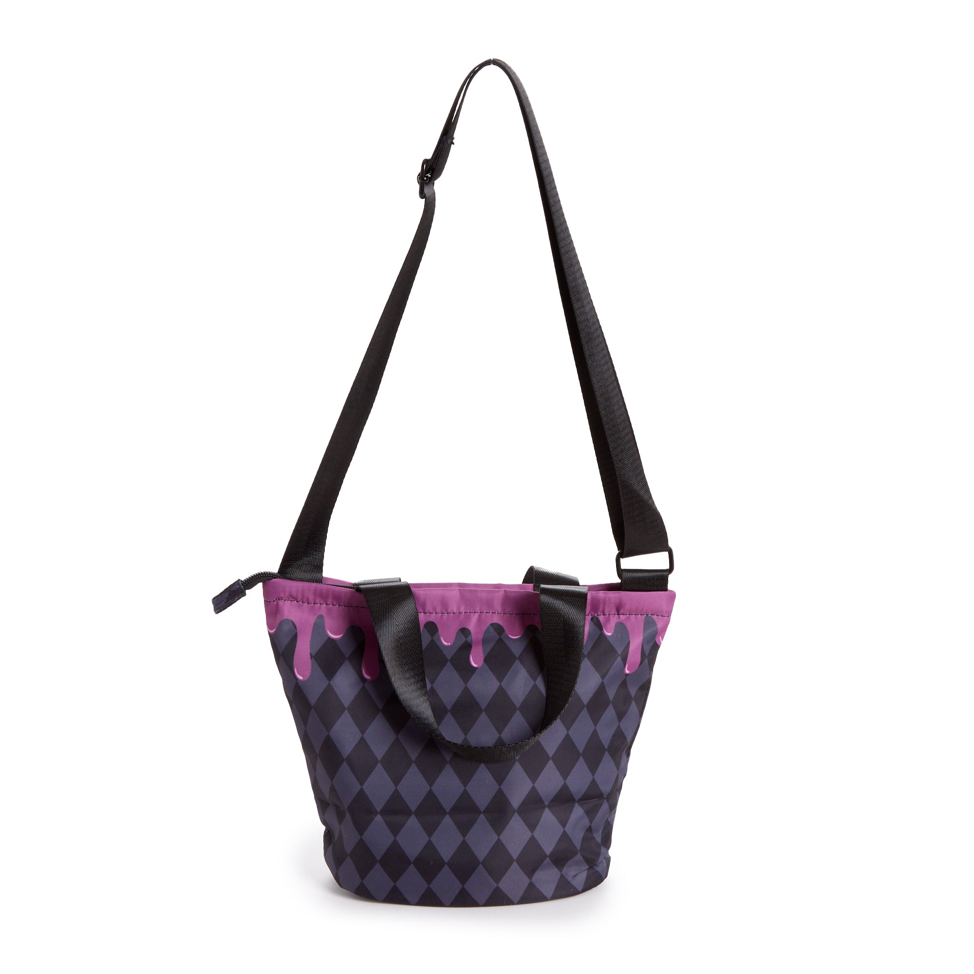 Front view of Kuromi crossbody bag with strawberry-themed design