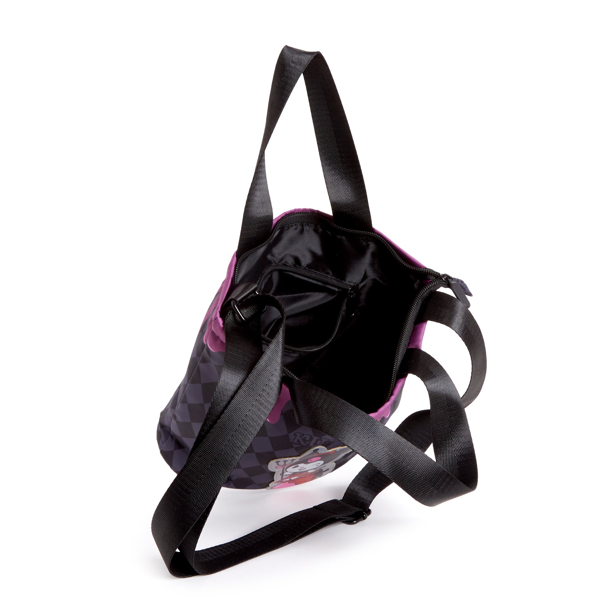 Close-up of adjustable strap and zippered pocket on Kuromi bag