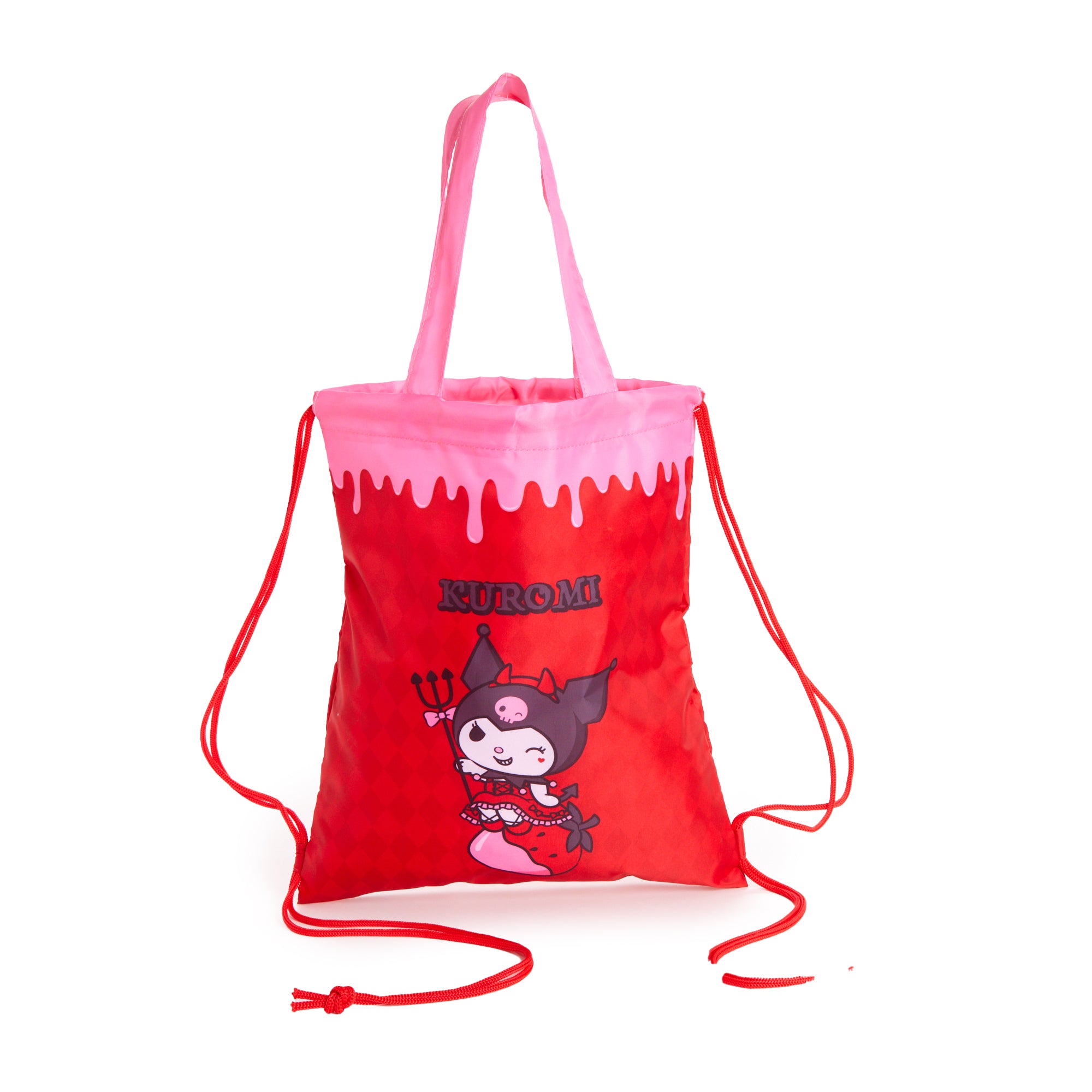 Close-up of the Kuromi Strawberry Treat drawstring backpack showing the colorful design and plush details