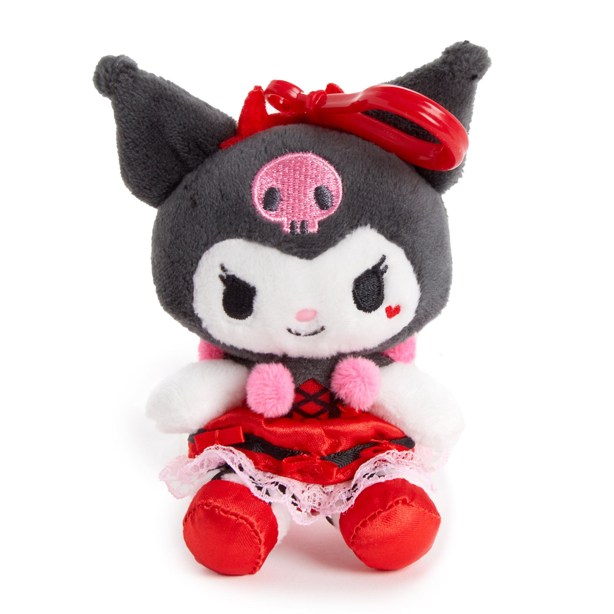 Full view of Kuromi plush mascot clip with ruffle and heart accents