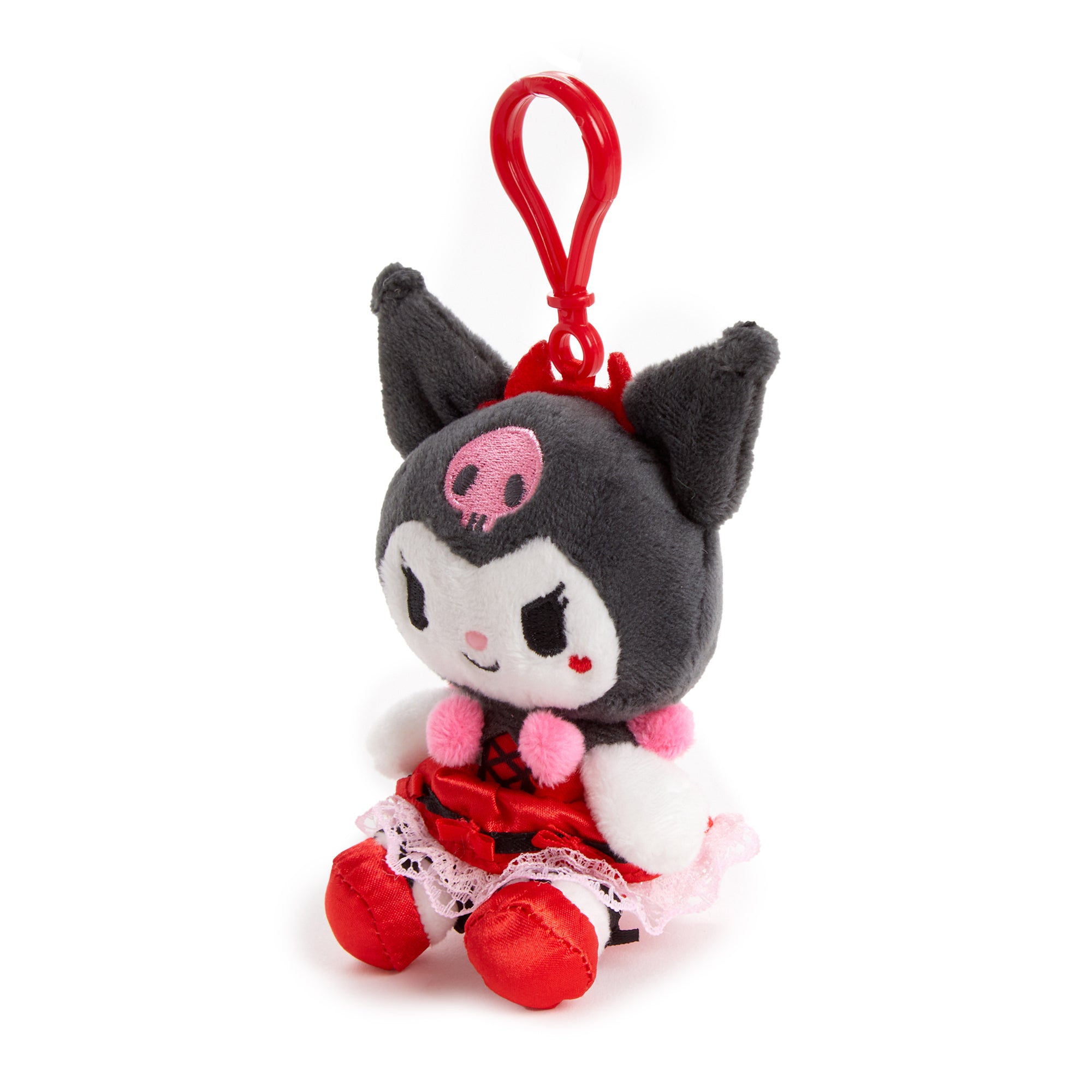 Kuromi plush mascot clip attached to a colorful tote bag