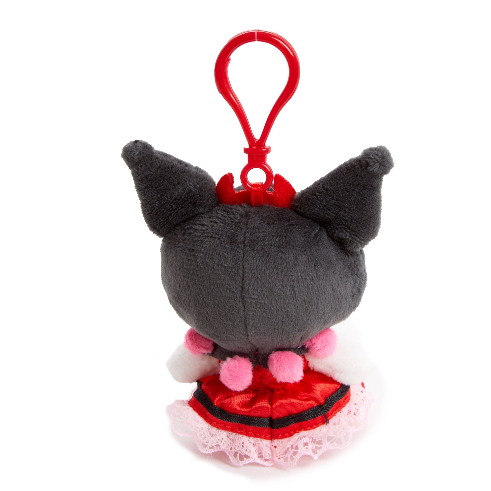 Kuromi plush mascot clip attached to a colorful tote bag