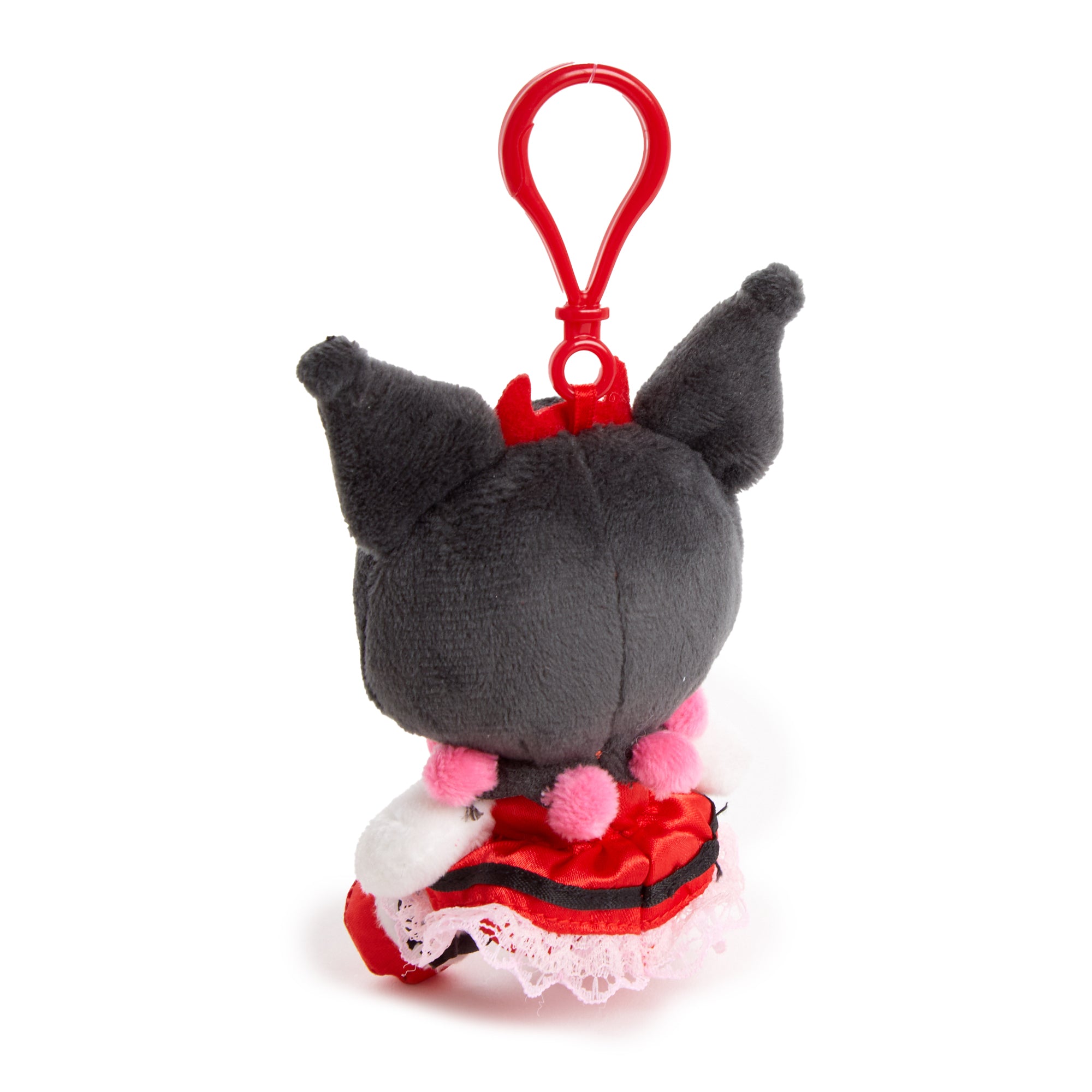 Full view of Kuromi plush mascot clip with ruffle and heart accents