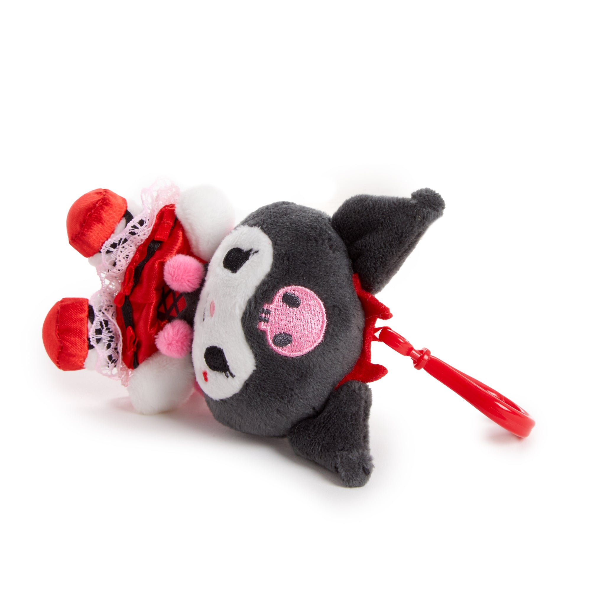 Close-up of Kuromi plush mascot clip showing embroidered details