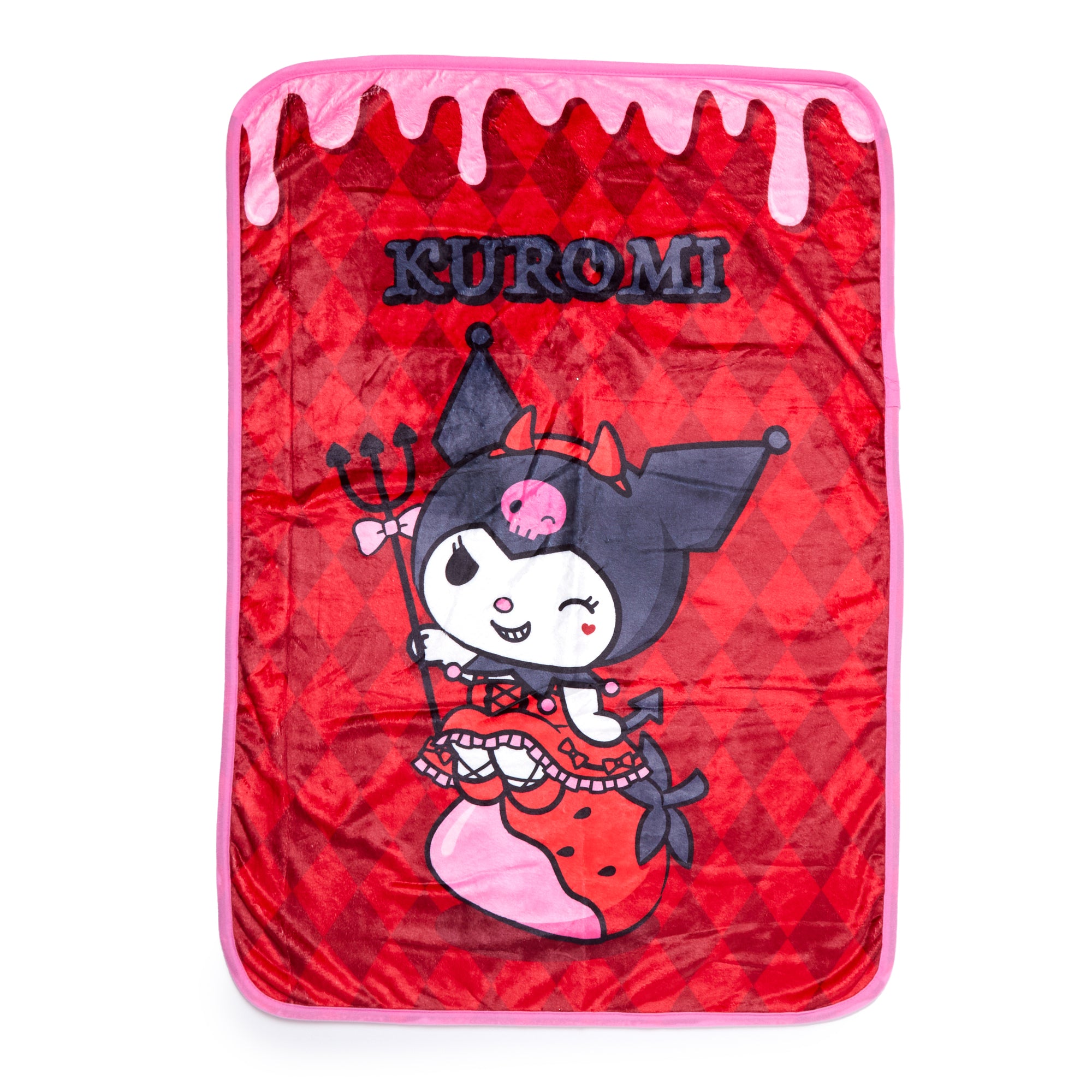 Close-up of Kuromi plush fleece blanket with strawberry motif, perfect for cozy nights
