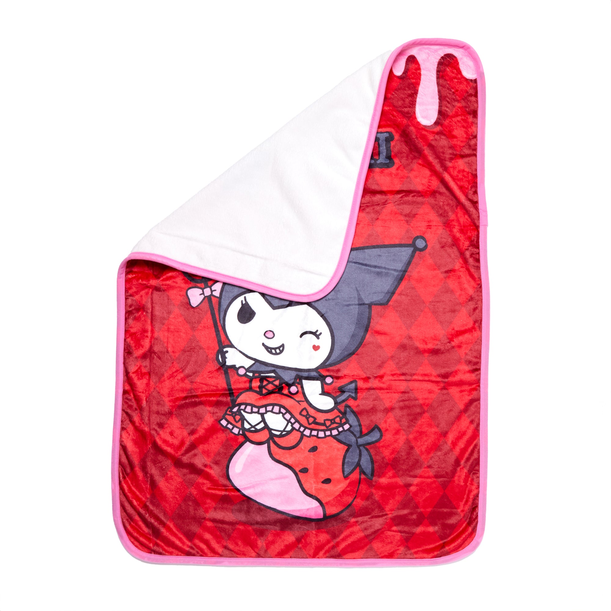 Close-up of Kuromi plush fleece blanket with strawberry motif, perfect for cozy nights