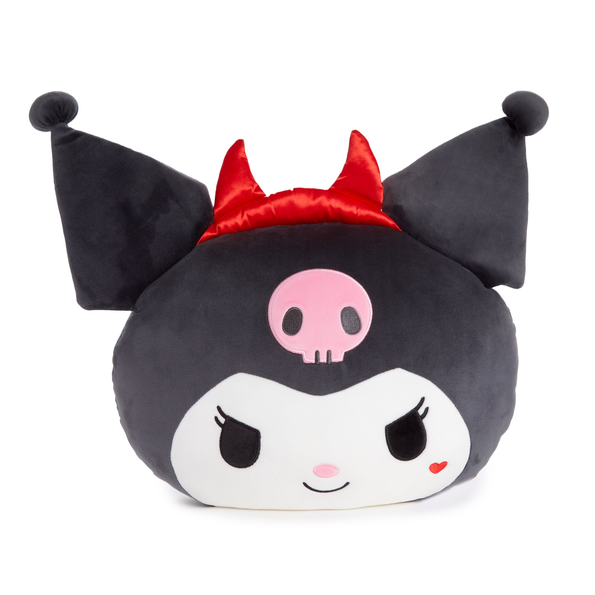 Big Kuromi plush with red accessories for playful decor.
