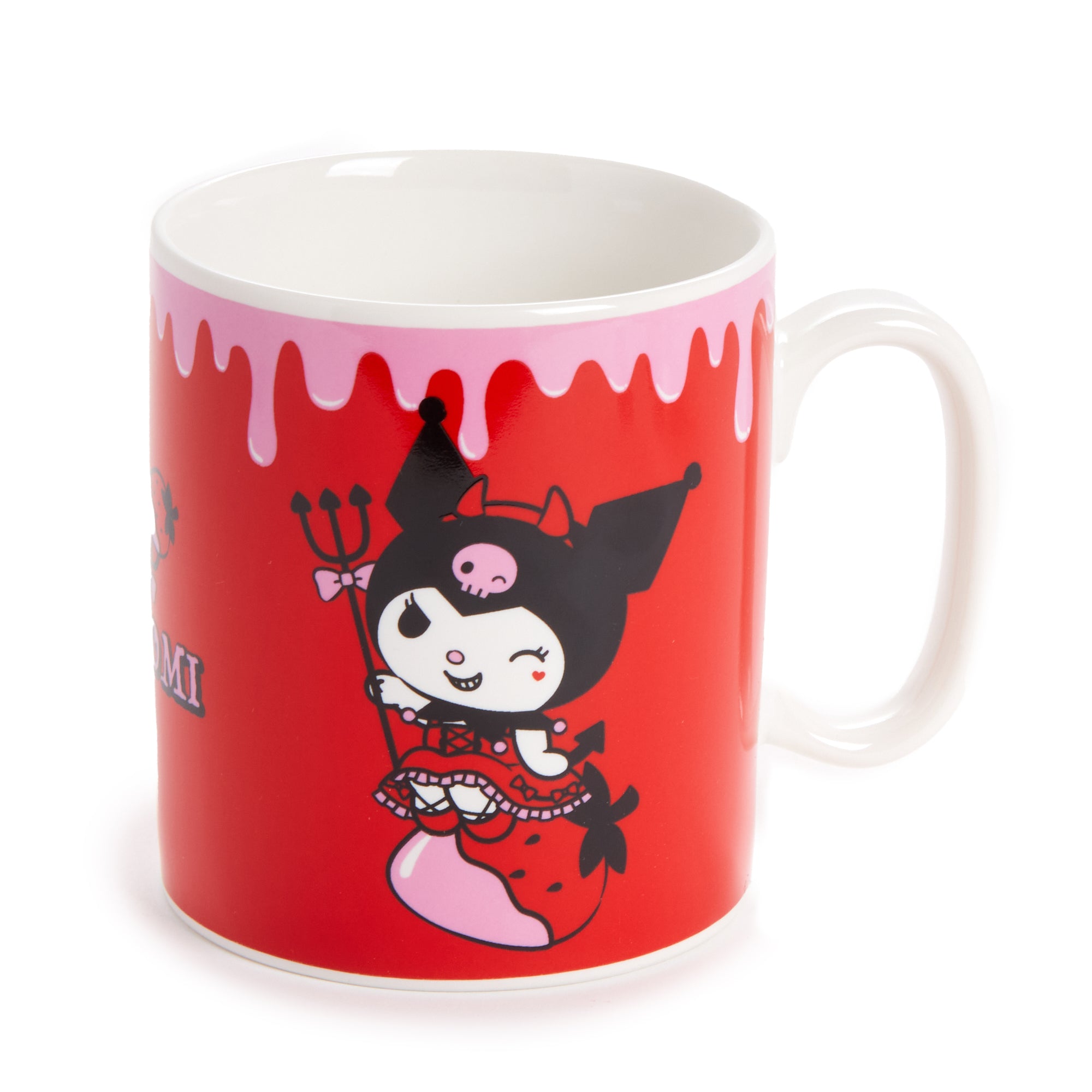 Front view of Kuromi strawberry mug showing playful design