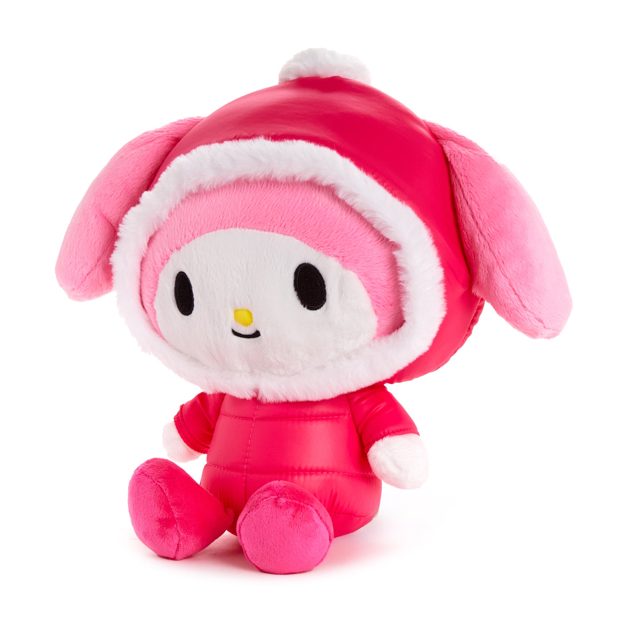Side view showing the sitting pose of My Melody winter plush among other plush toys.