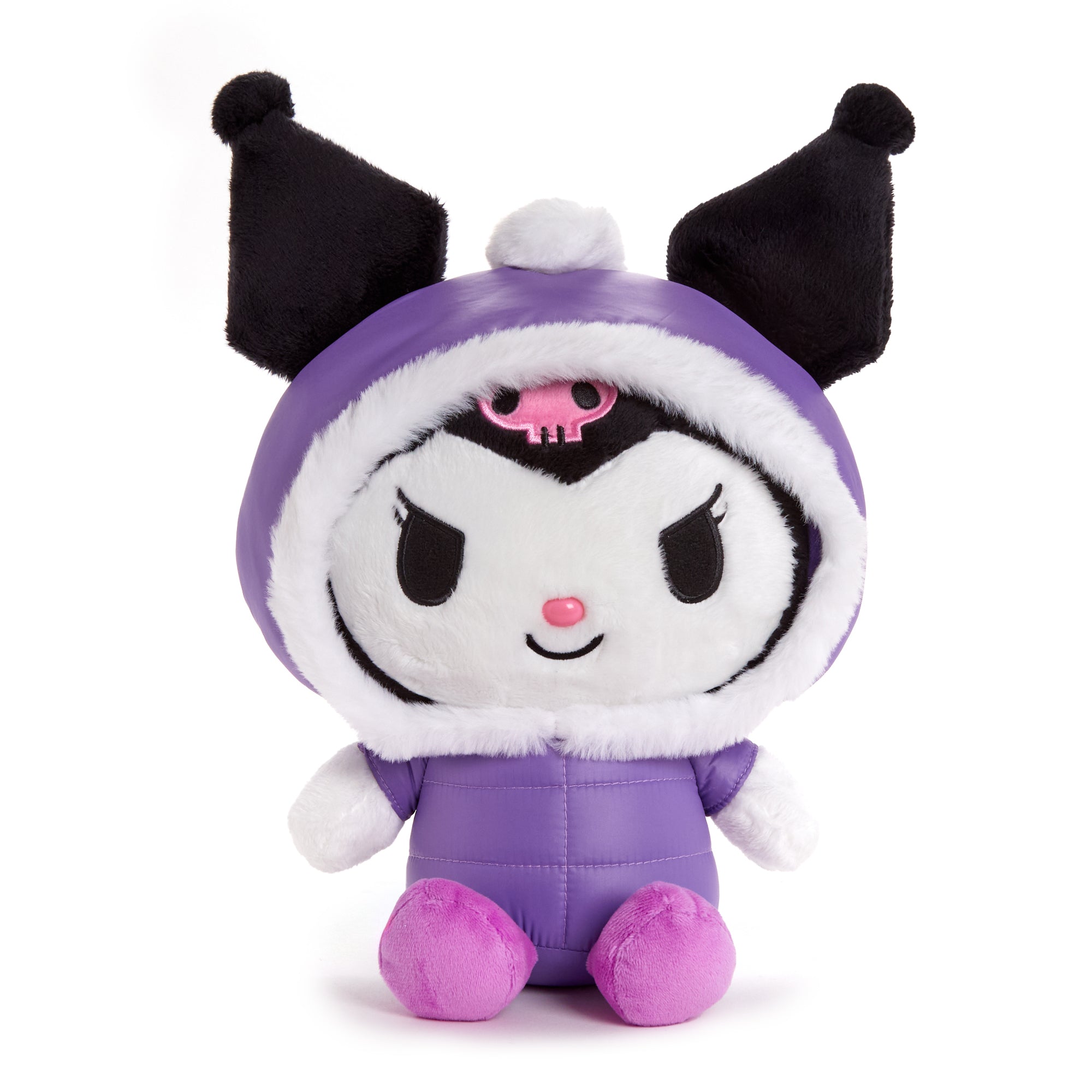 Close-up of Kuromi plush toy in winter puffer jacket