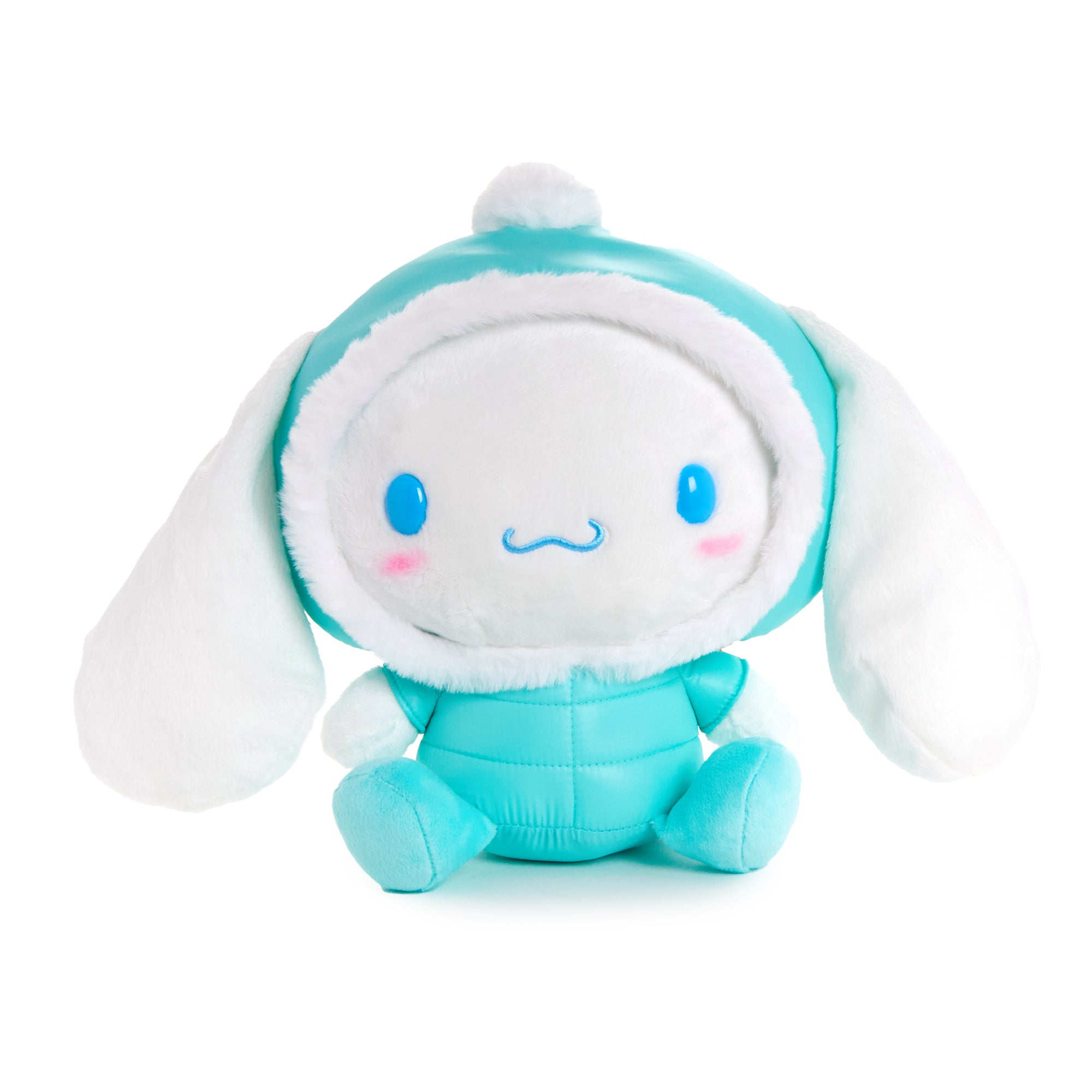 Cinnamoroll 12-inch plush toy wearing a quilted puffer jacket and hood, sitting on a couch.