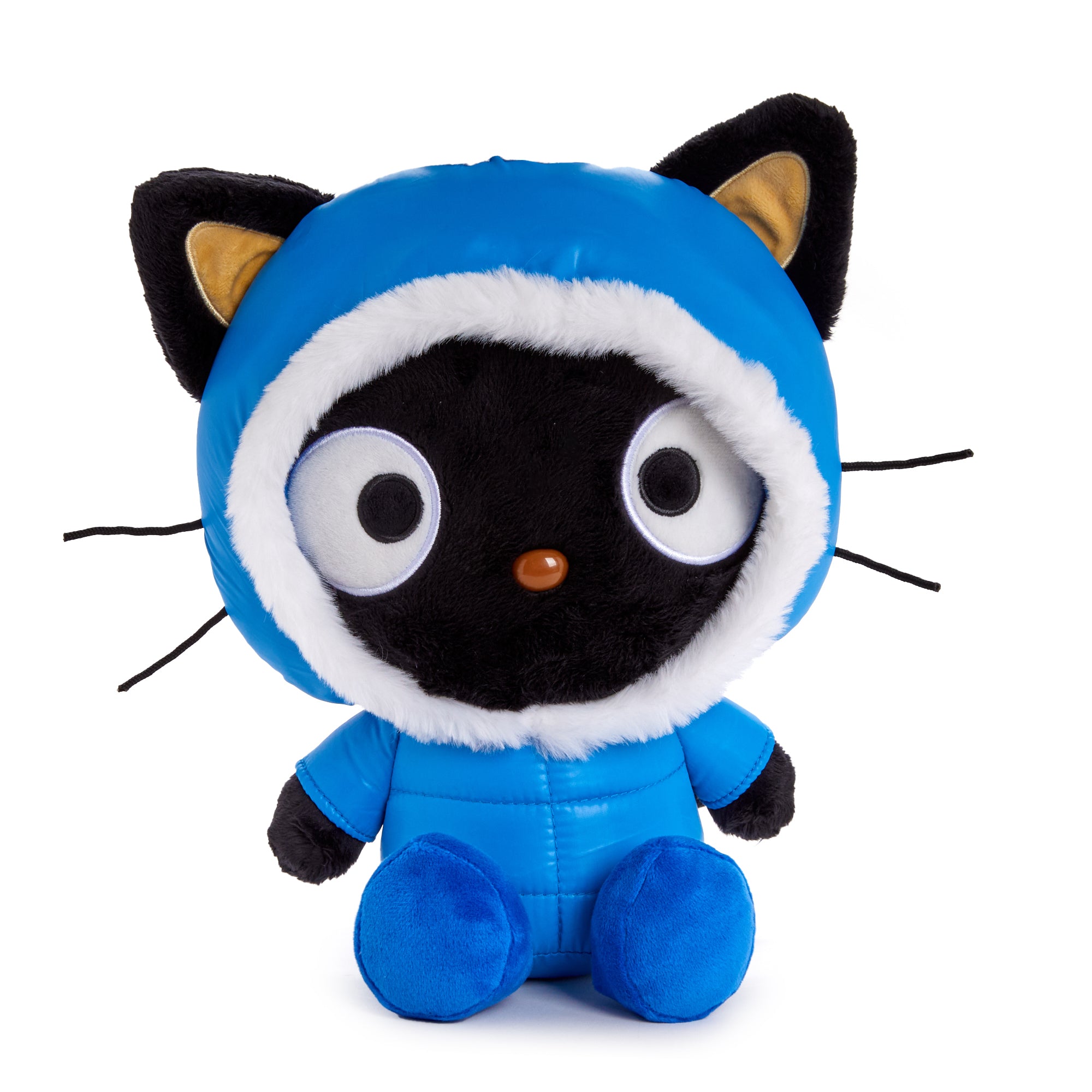 Front view of chococat toy in mocha Sanrio plush winter jacket, sitting pose