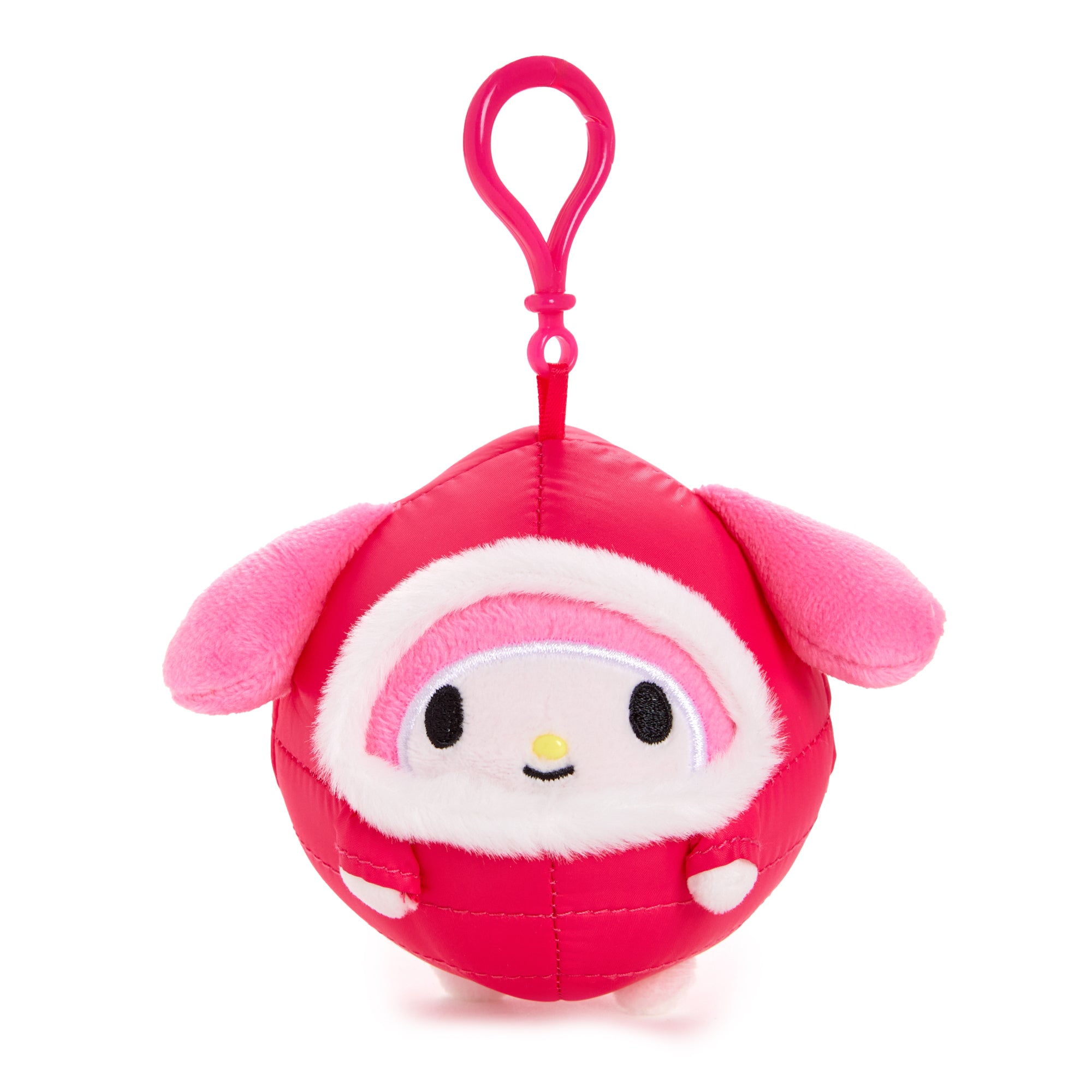 Close-up of My Melody clip with pink quilted jacket and winter hood