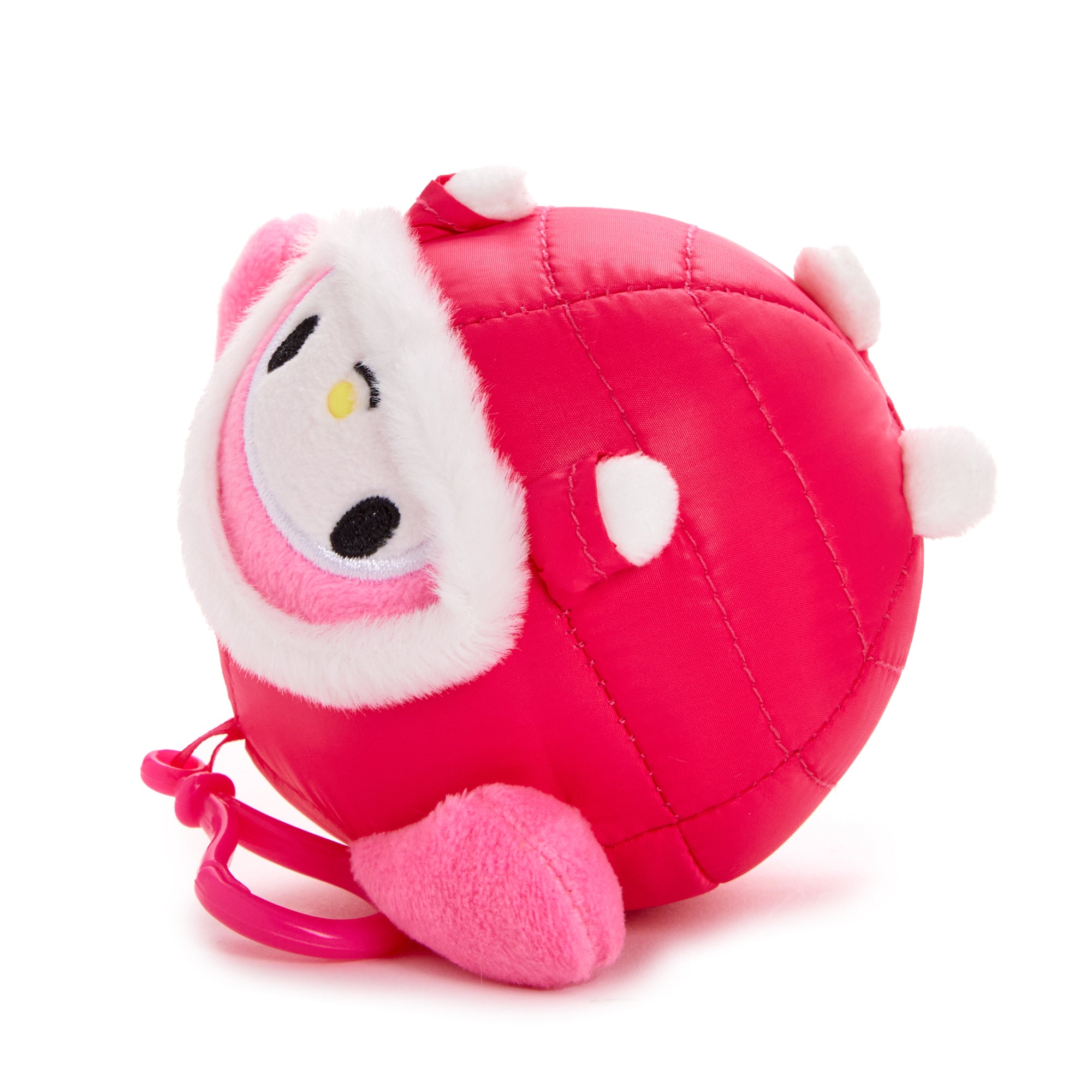 My Melody mascot clip attached to a backpack strap, showcasing quilted jacket detail