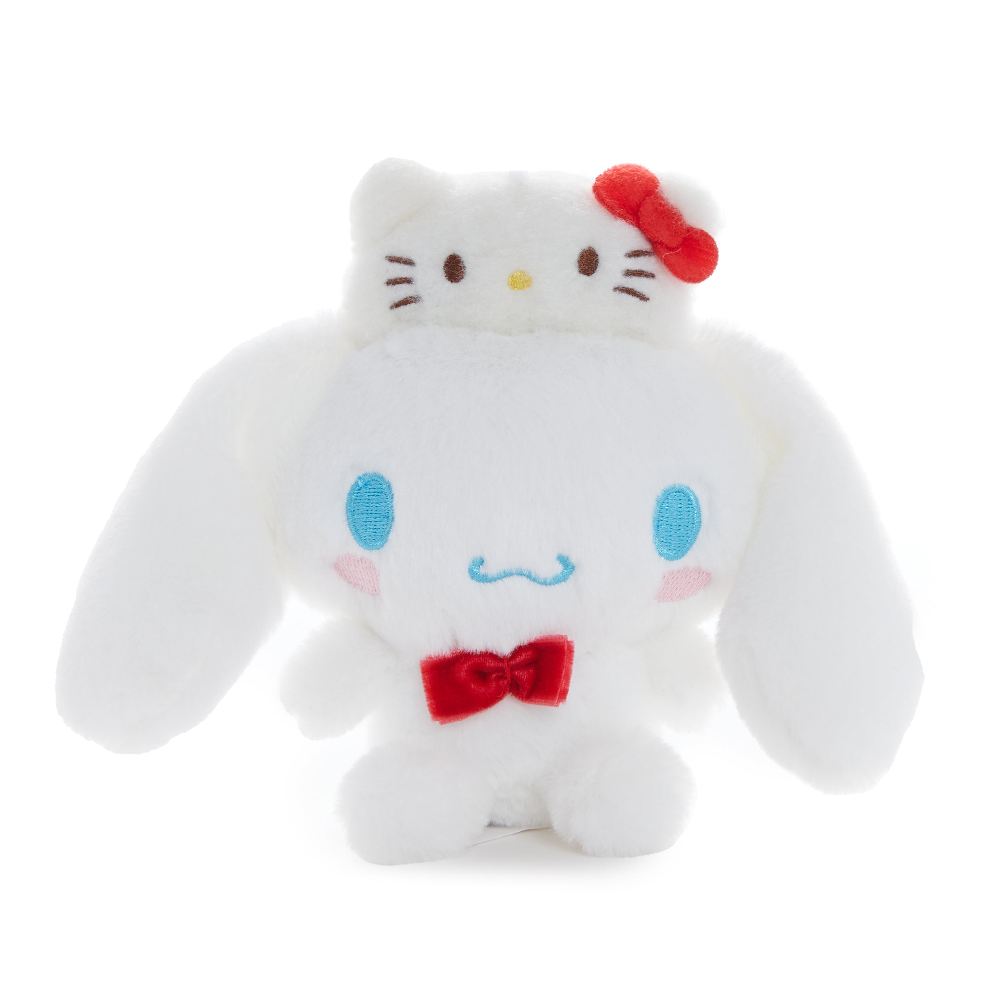 Cinnamoroll plush bag charm with Hello Kitty details, front view