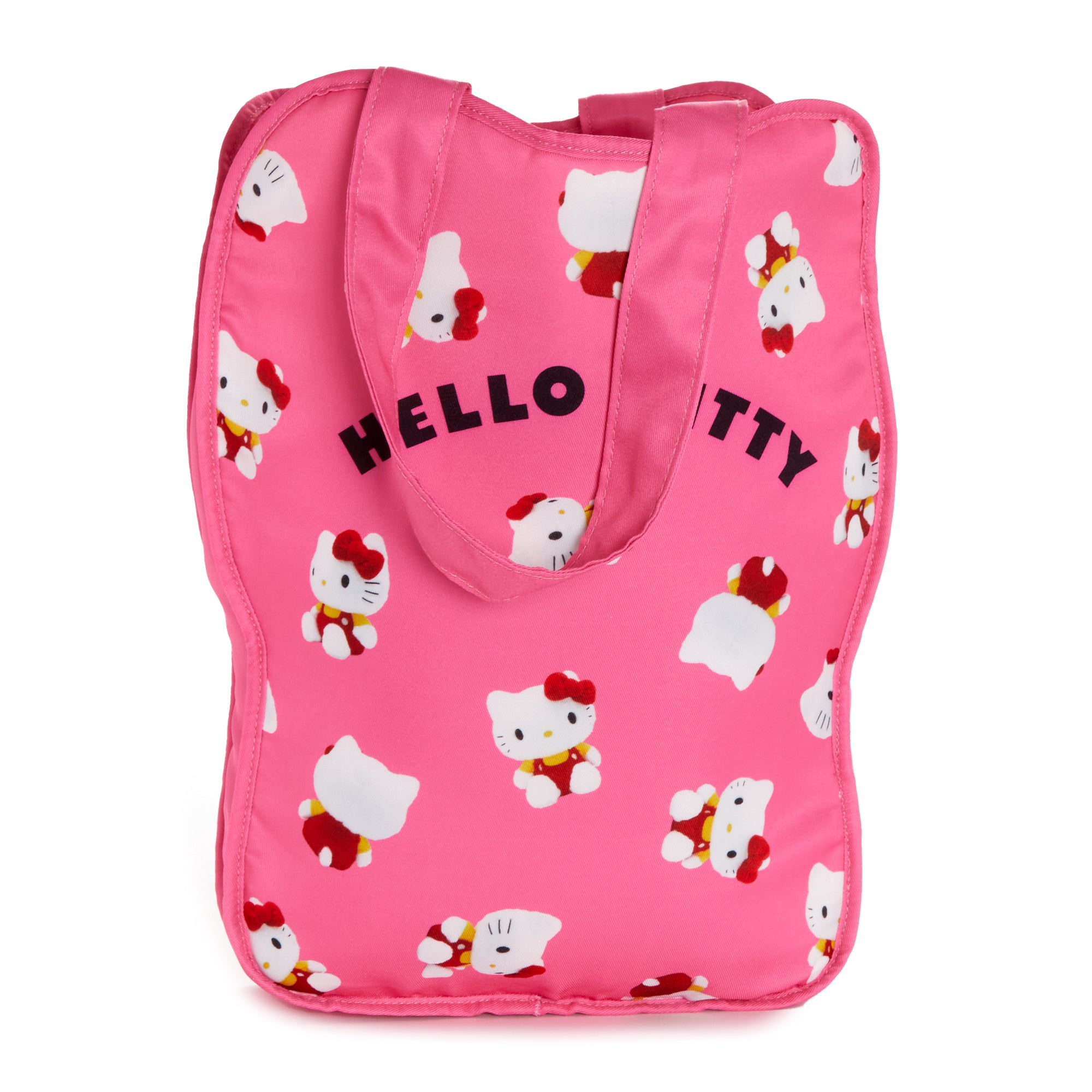 Front view of Hello Kitty tote bag showing character silhouette and interior pocket