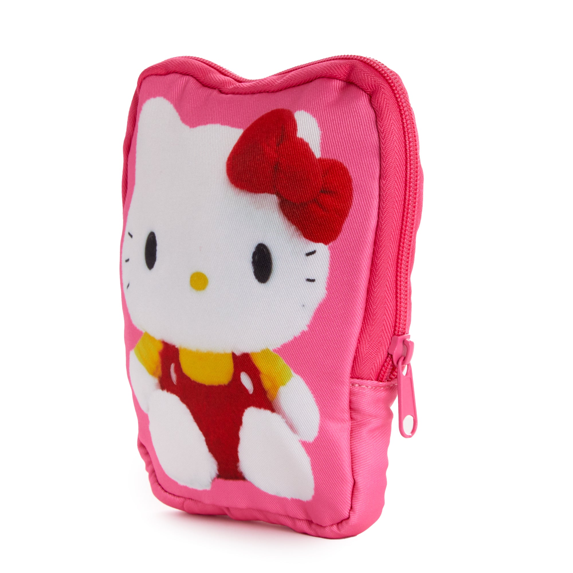 Close-up of the Hello Kitty zipper pouch with her adorable face and red overalls