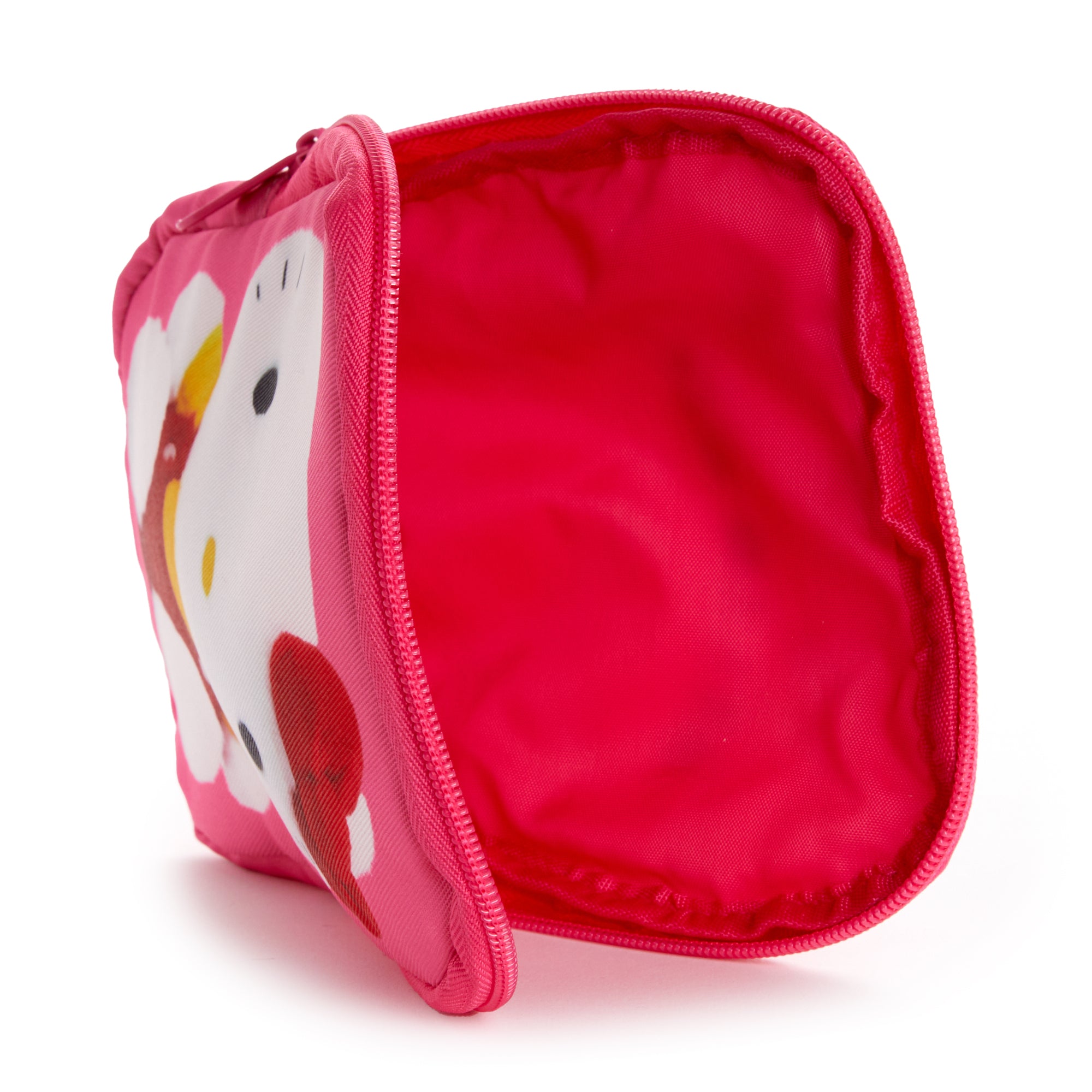 Open Hello Kitty cosmetic bag showing compartments for makeup and accessories