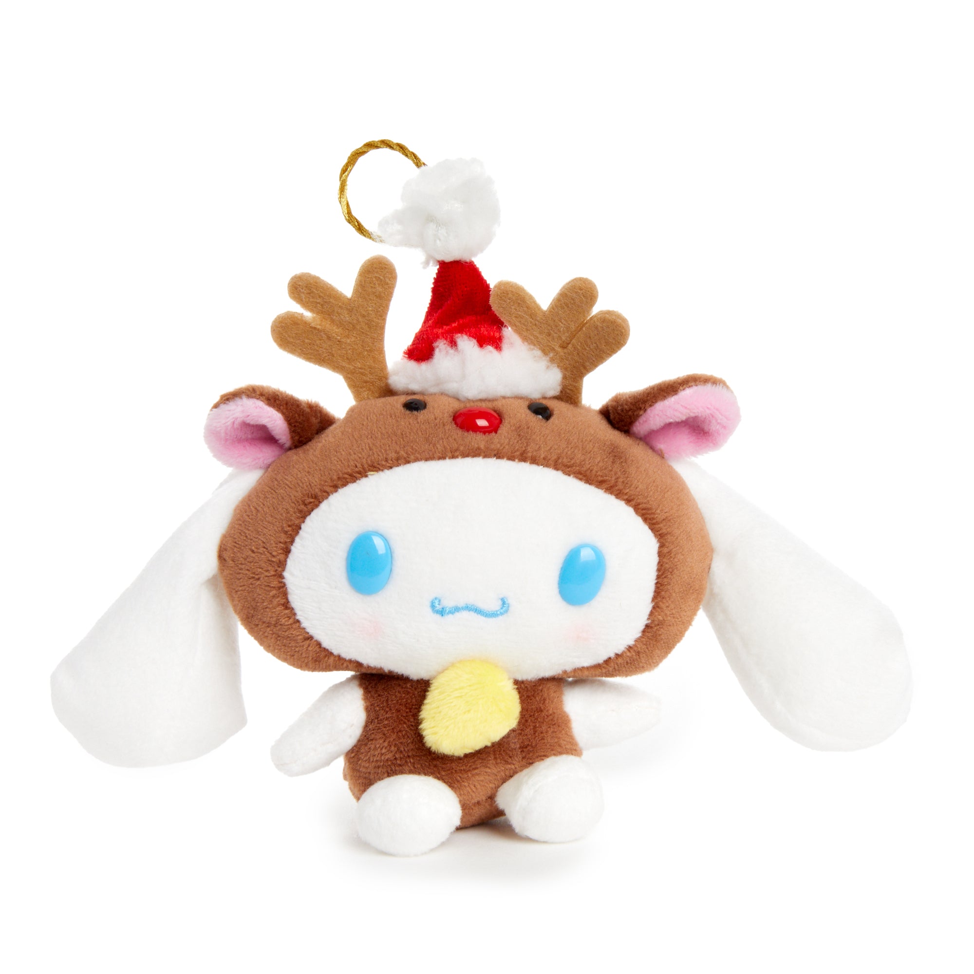Close-up of Cinnamoroll plush reindeer ornament with Santa hat