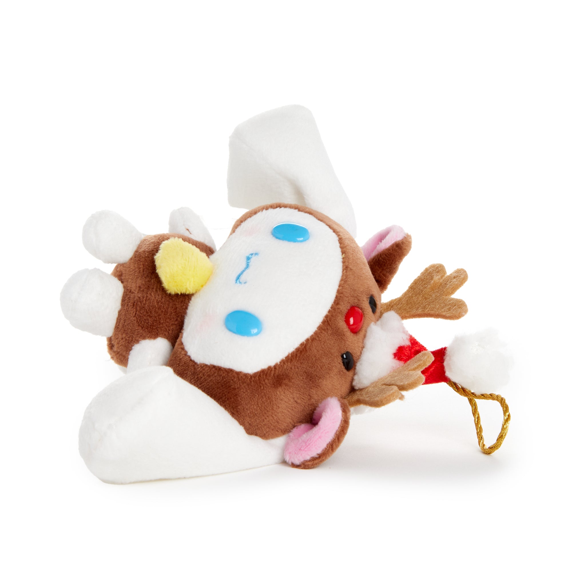 Close-up of Cinnamoroll plush reindeer ornament with Santa hat