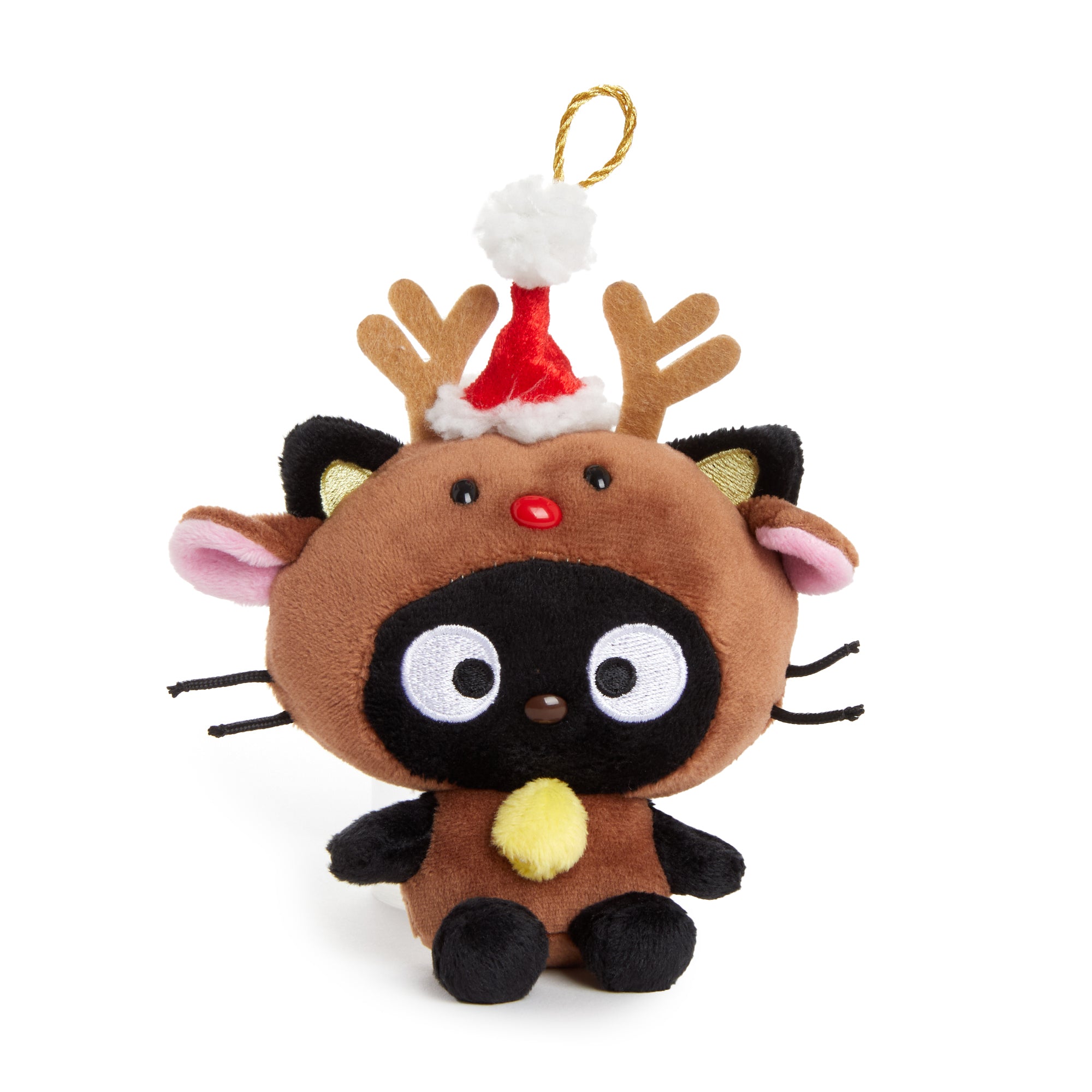 Plush reindeer Christmas ornament with Santa hat and red nose hanging from a tree branch