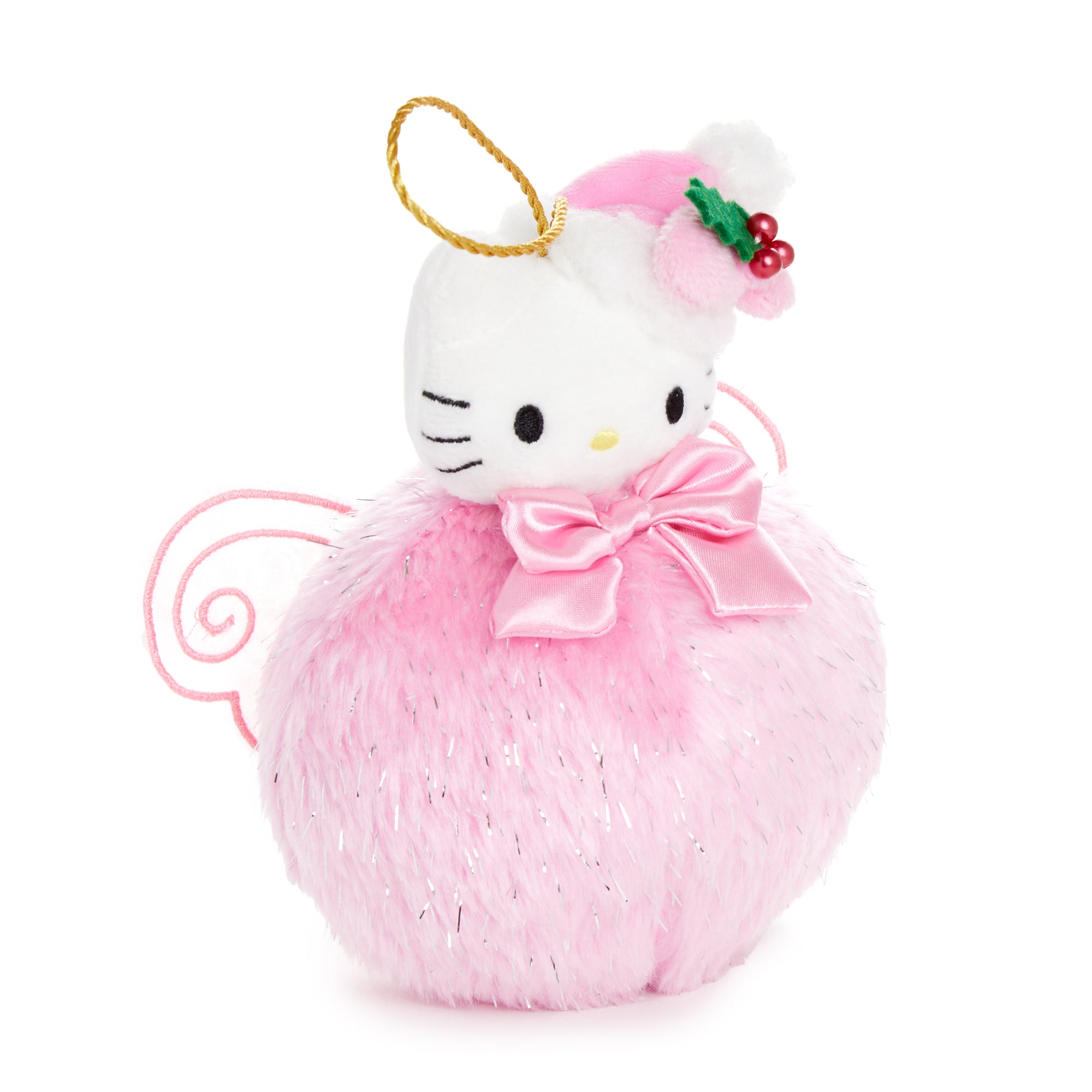 Close-up of adorable Hello Kitty ornament with wings and bow detail