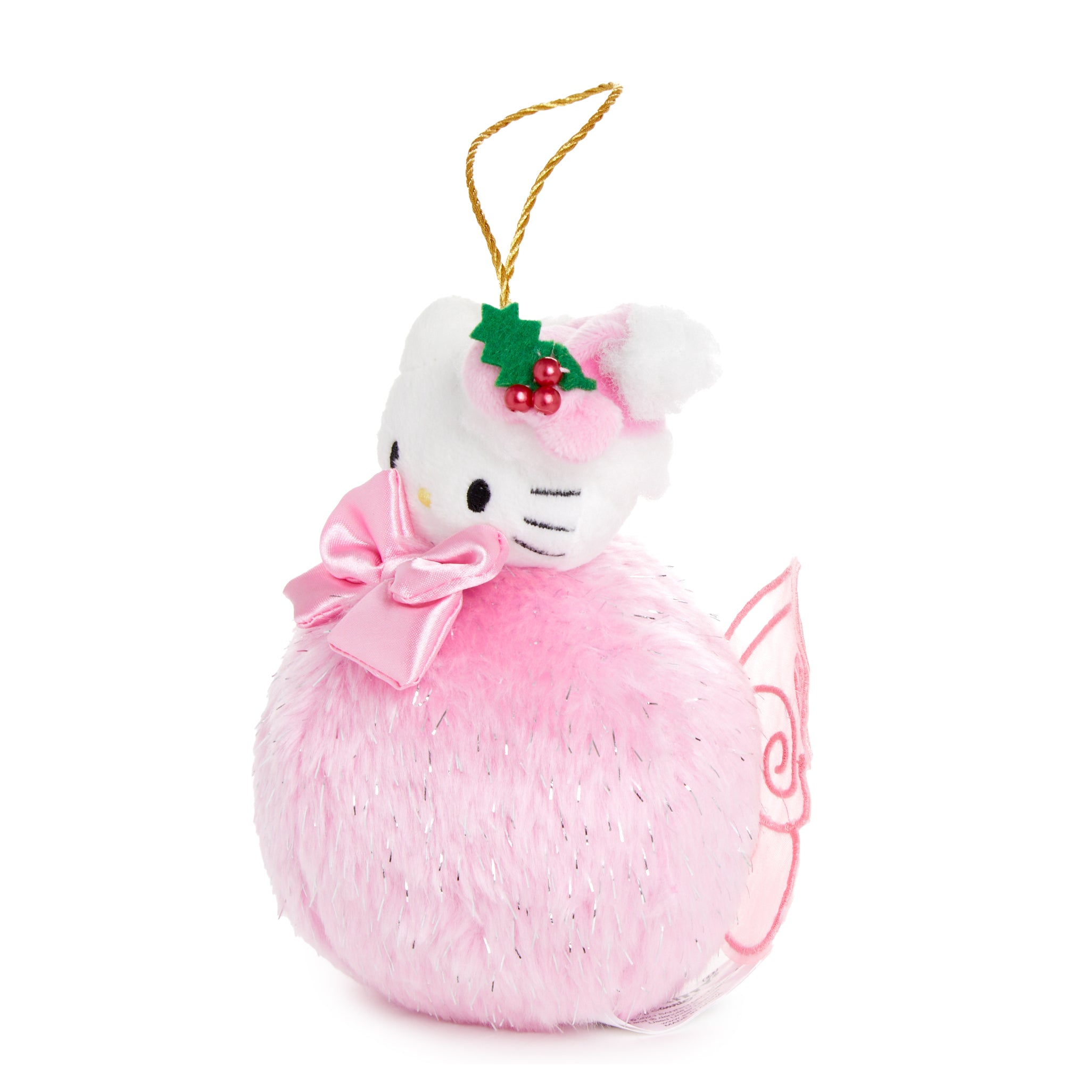 Close-up of adorable Hello Kitty ornament with wings and bow detail