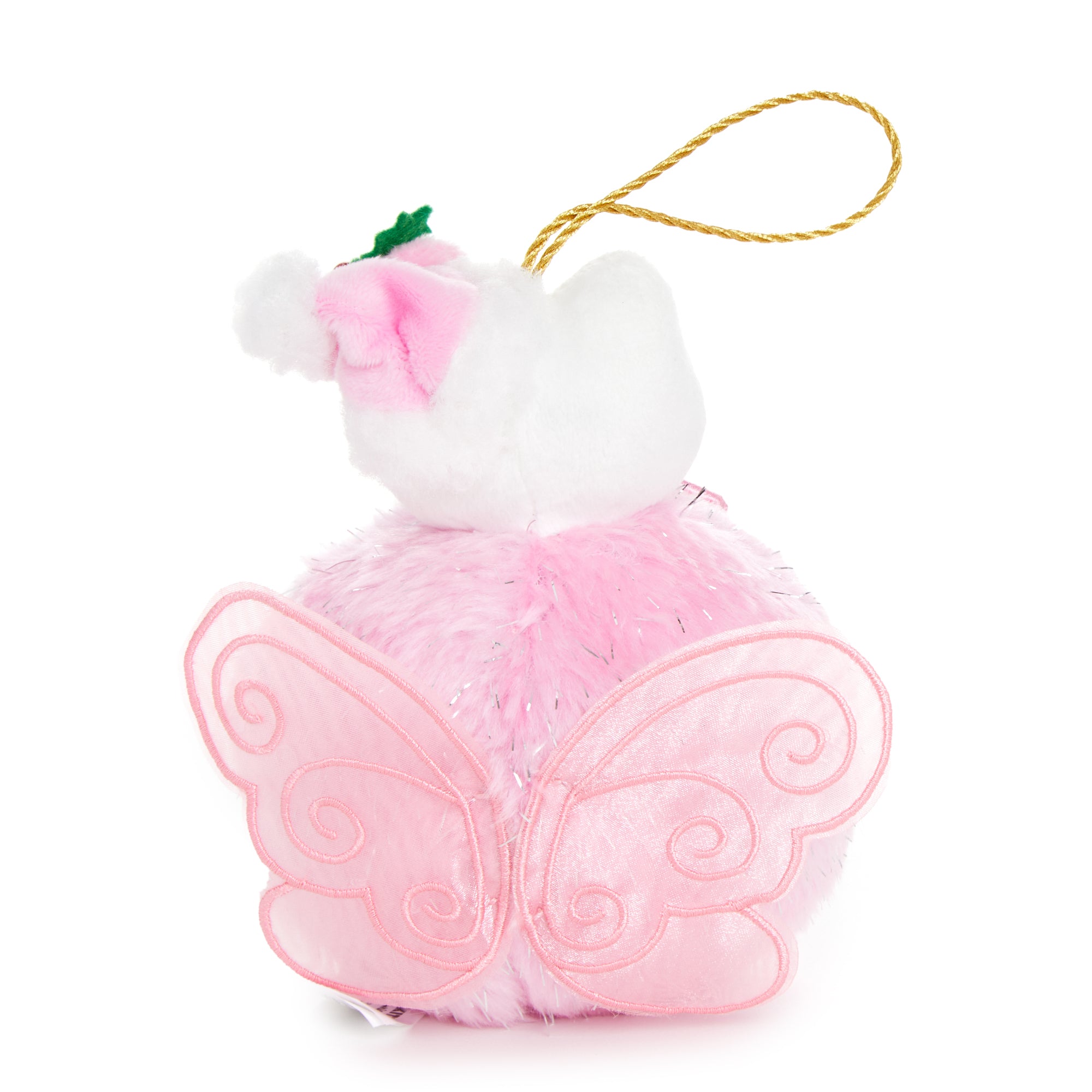 Hello Kitty boa ball ornament with mini-santa hat hanging on Christmas tree