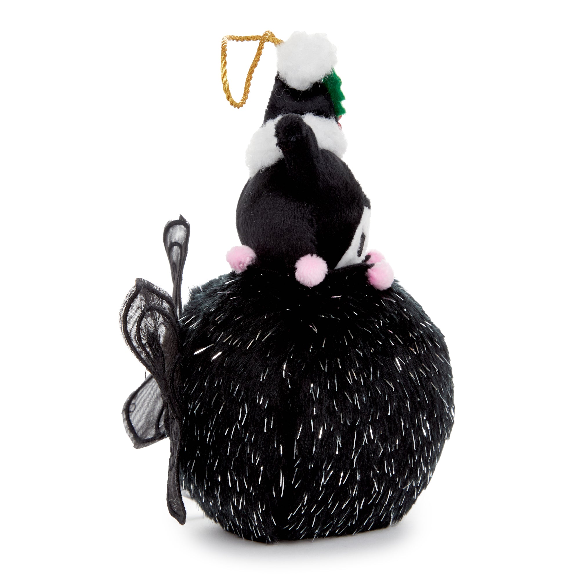 Kuromi Boa Ball Ornament with delicate wings and mini-santa hat, made from soft boa material.