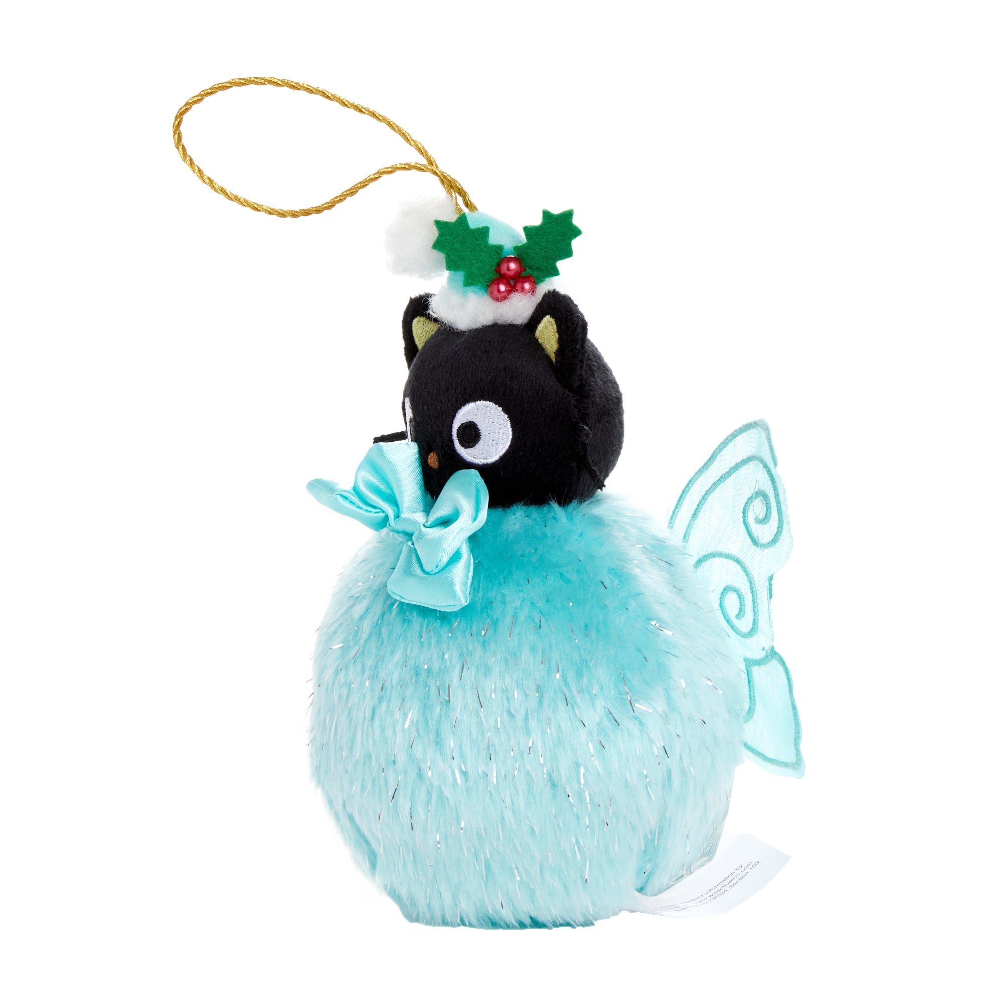 Chococat boa ball ornament hanging on Christmas tree with festive lights