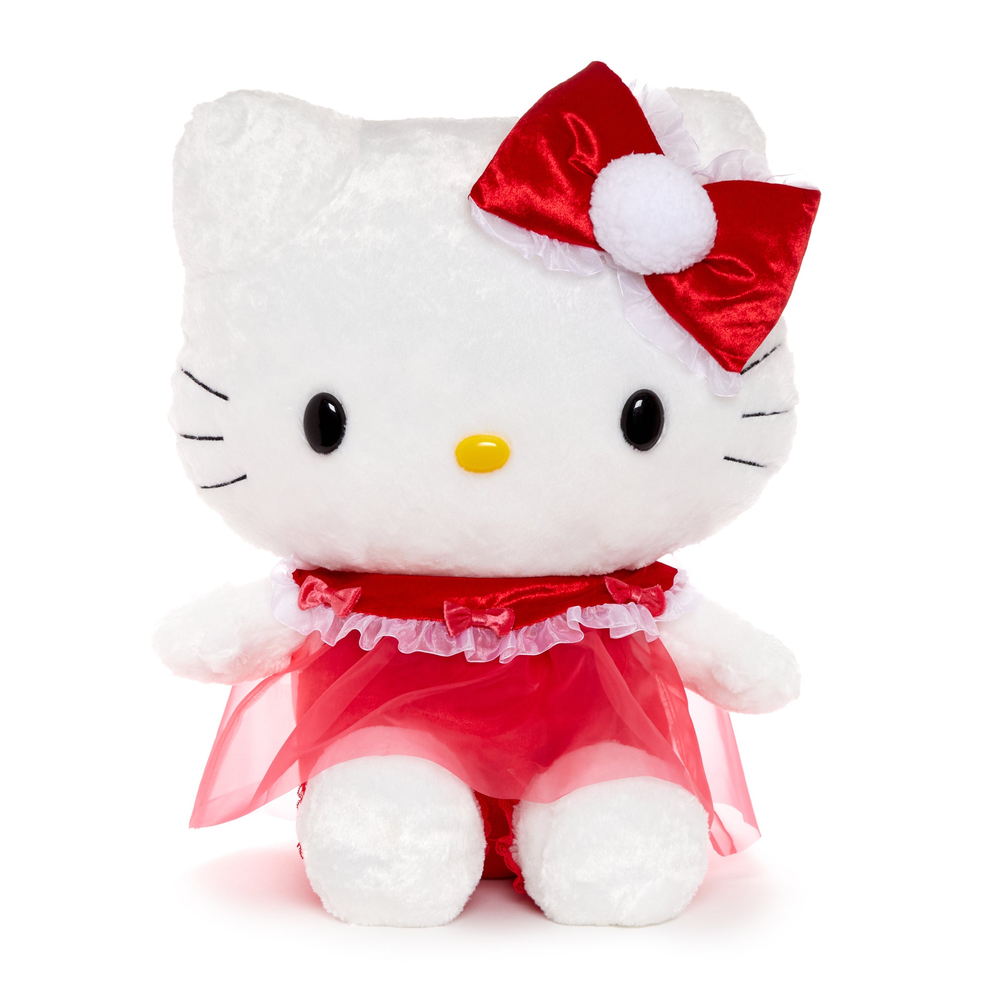 Front view of the Hello Kitty plush toy showing embroidered face and detailed ribbon dress