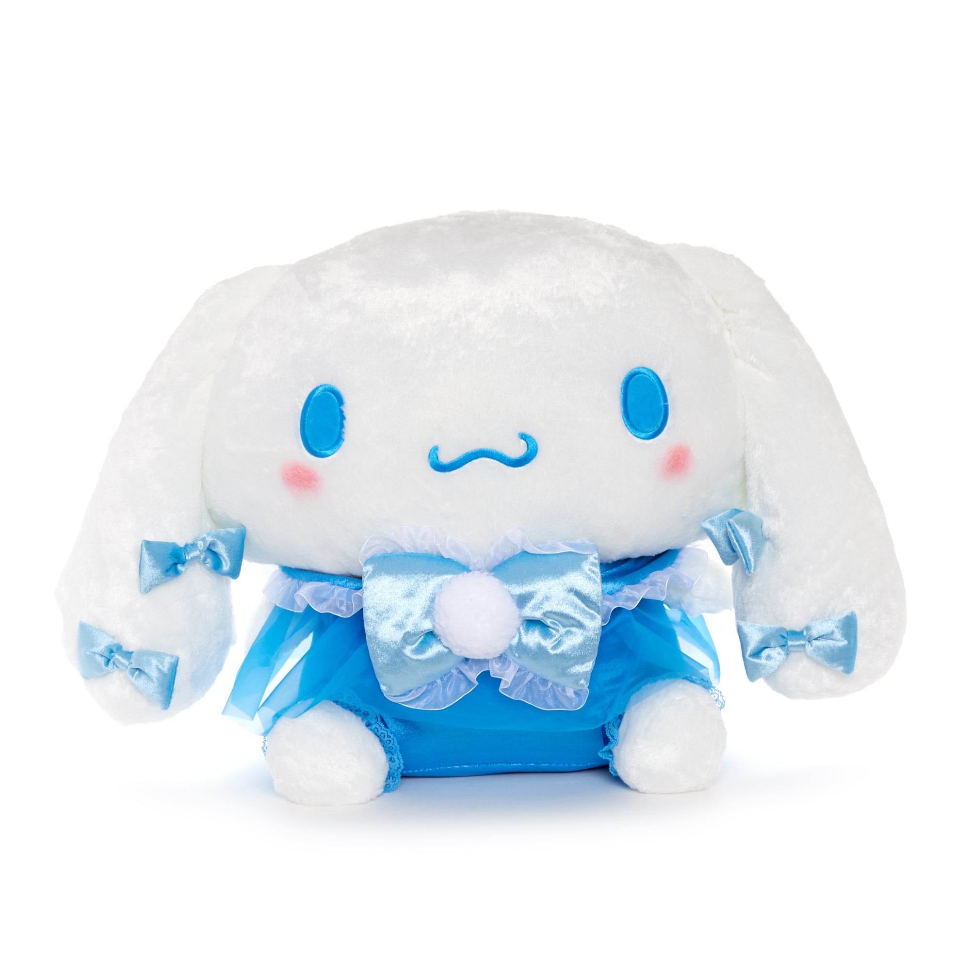 Cinnamoroll jumbo plush toy with ribbons and lace, front view