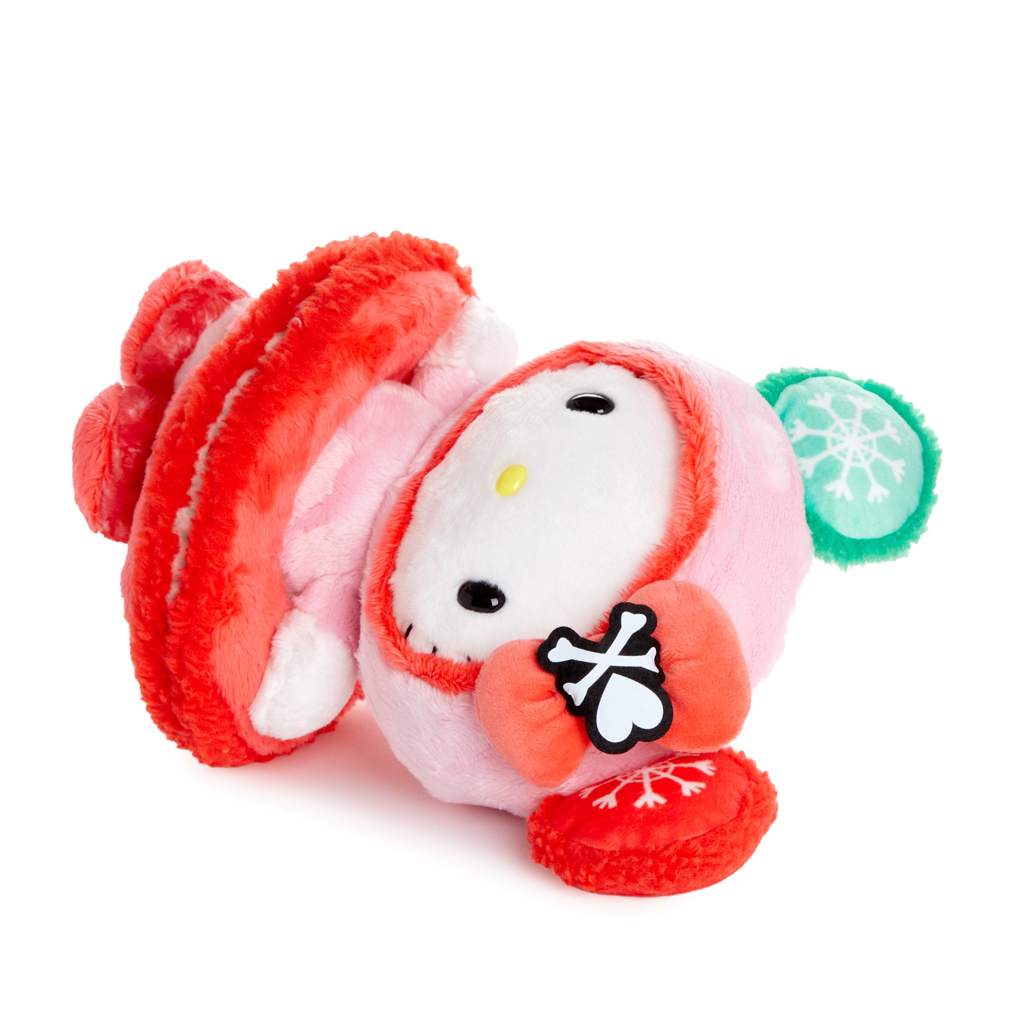 Front view of macaron stuffed toy Hello Kitty in festive Tokidoki attire