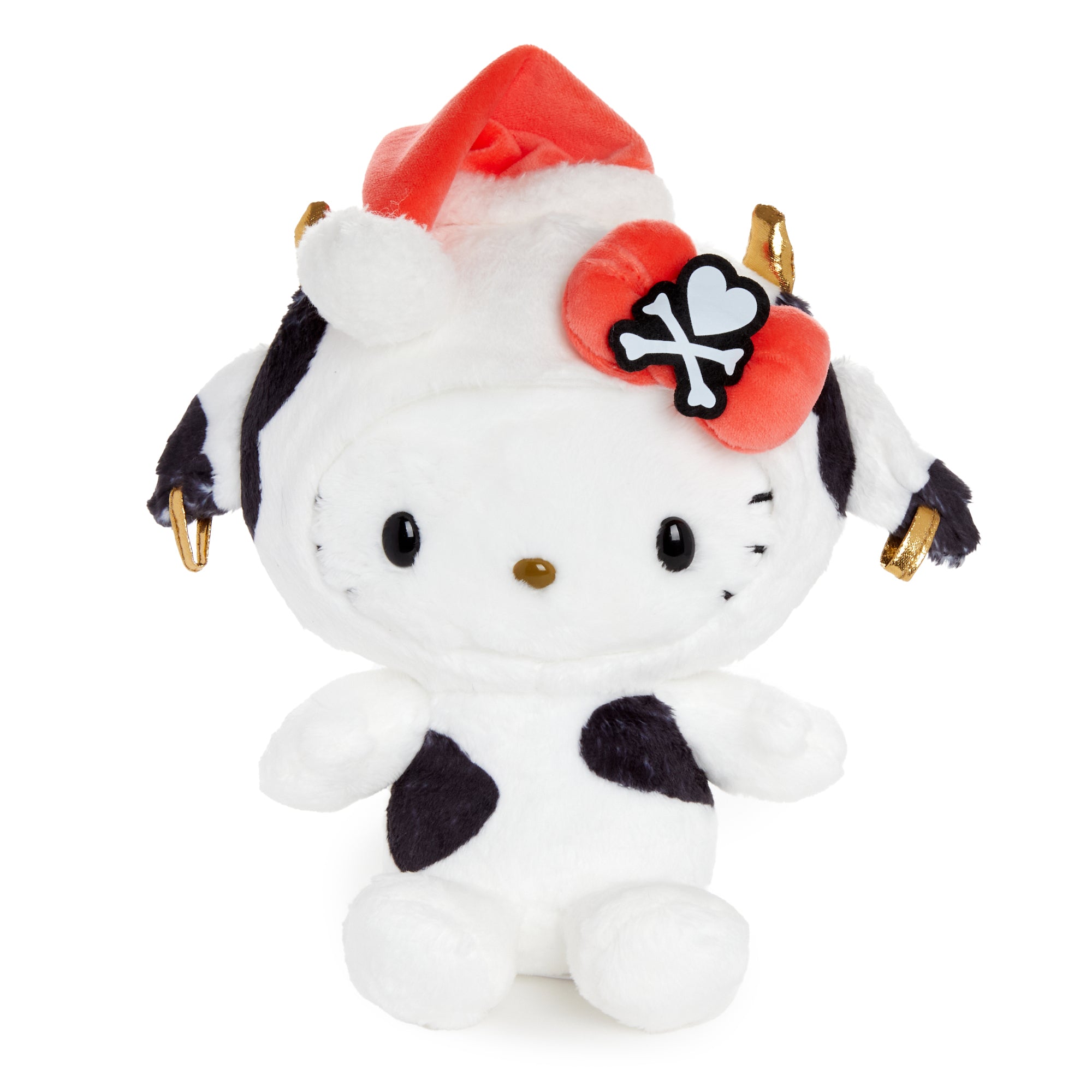 Hello Kitty Tokidoki Holiday Cow Plush front view, showing off its cow-print outfit.