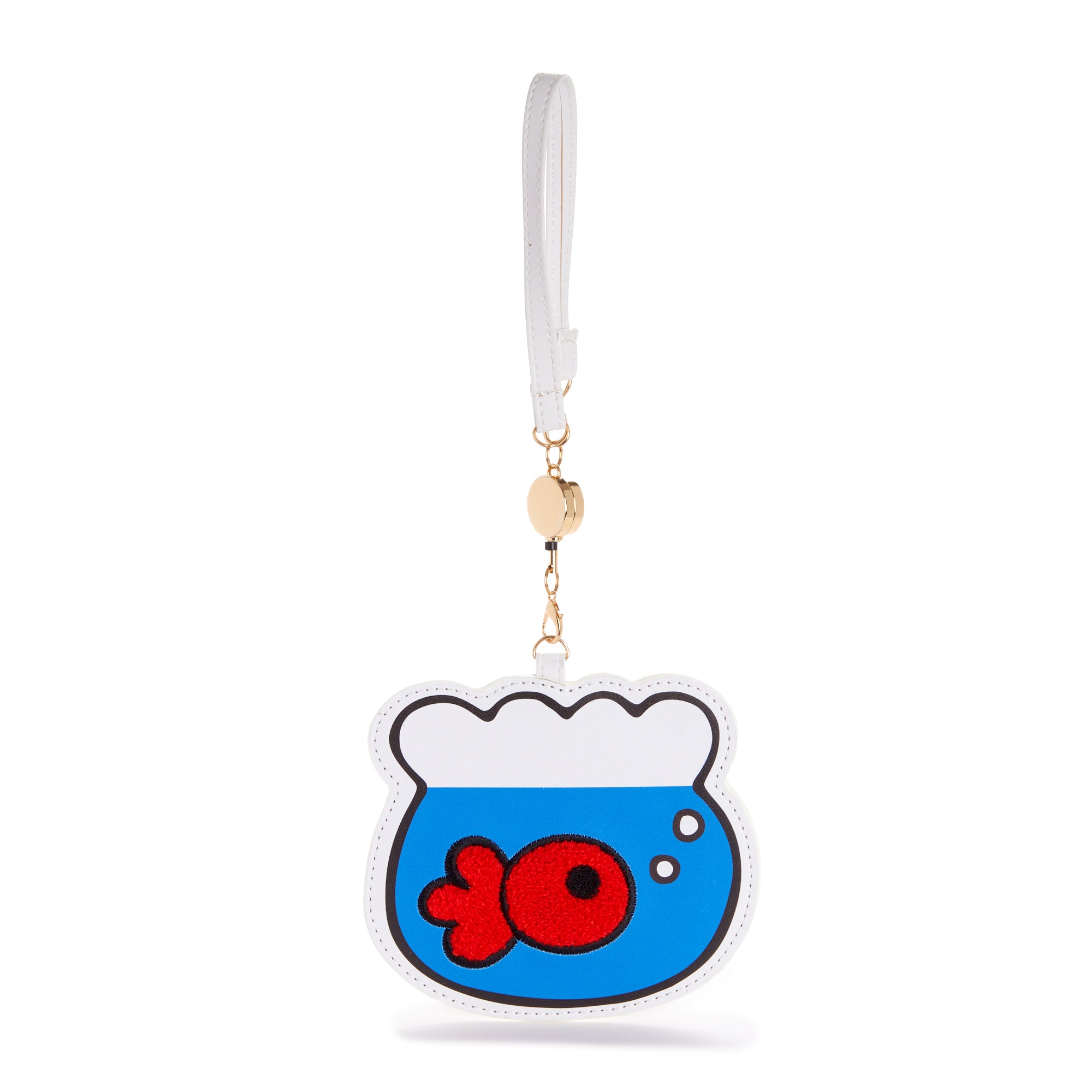 Close-up of embroidered details on Hello Kitty Goldfish Card Case.